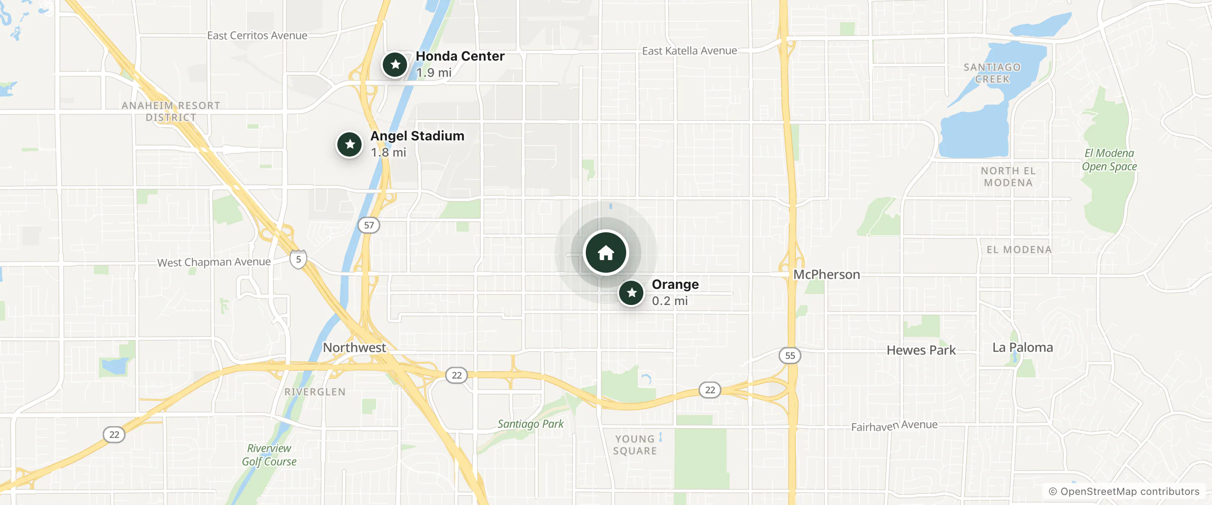 Map of The Richland and nearby Orange, Angel Stadium and Honda Center