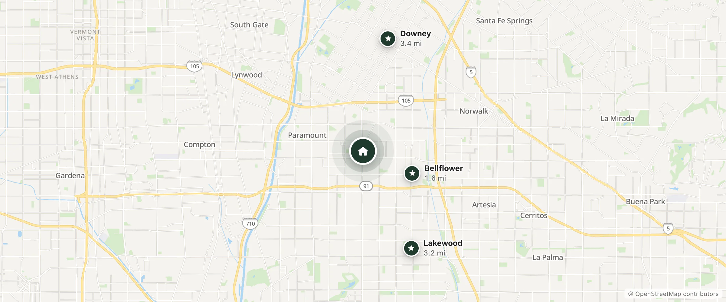 Map of Lucky Lodge and nearby Bellflower, Lakewood and Downey