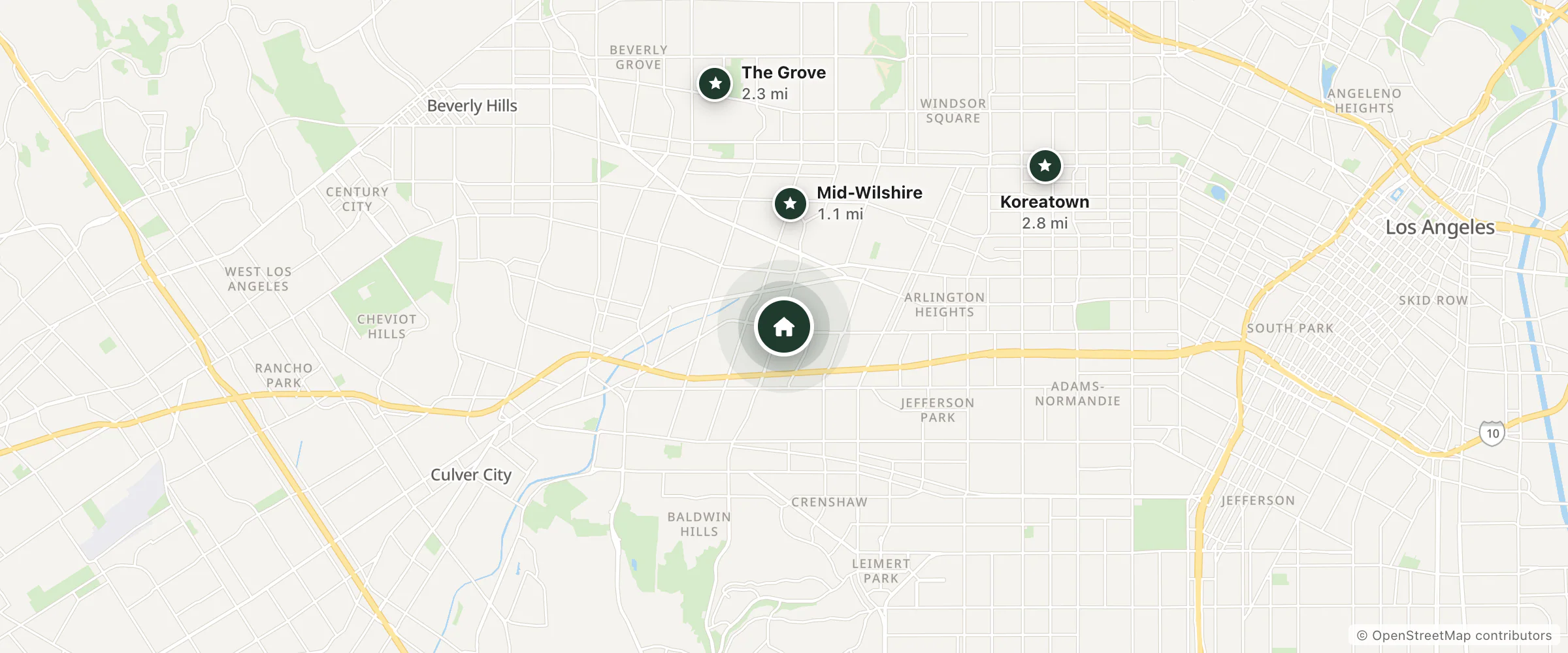 Map of Gem Motel and nearby Mid-Wilshire, The Grove and Koreatown
