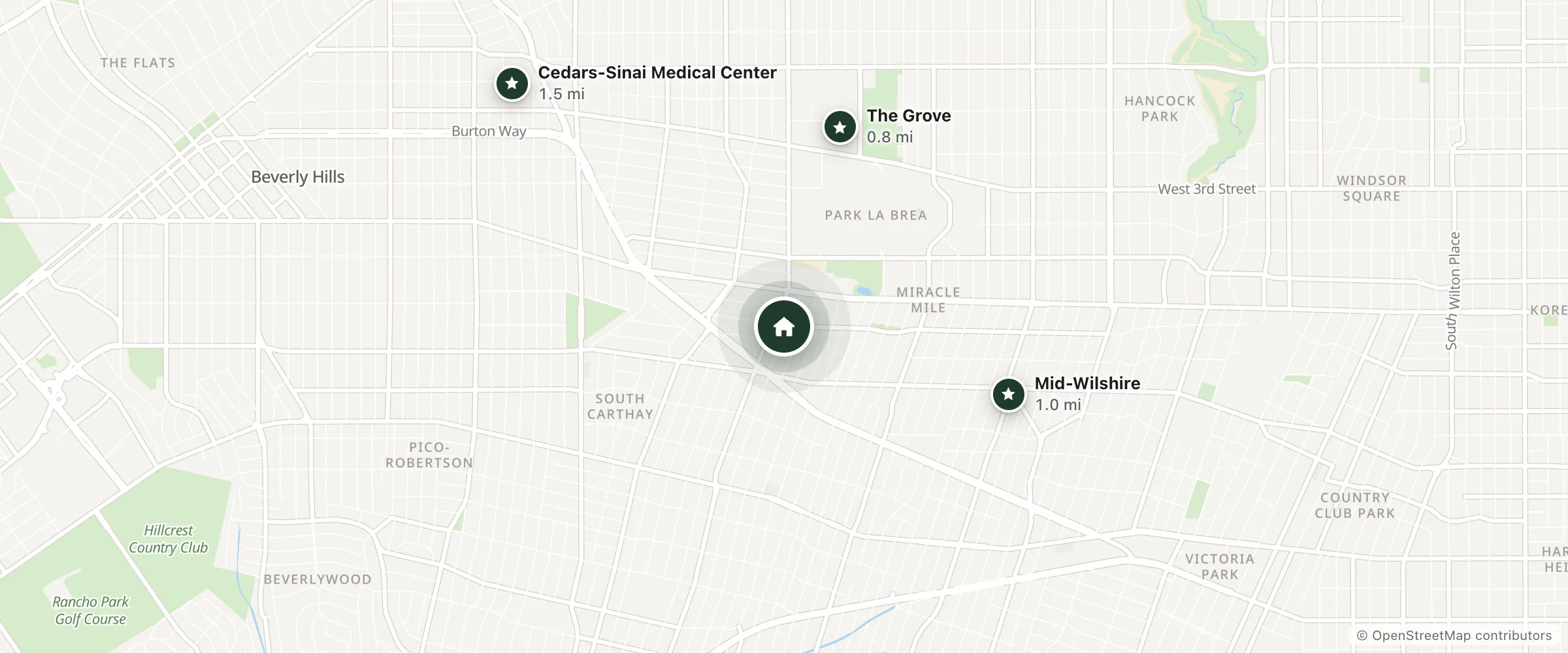 Map of Wilshire Orange Hotel and nearby The Grove, Mid-Wilshire and Cedars-Sinai Medical Center