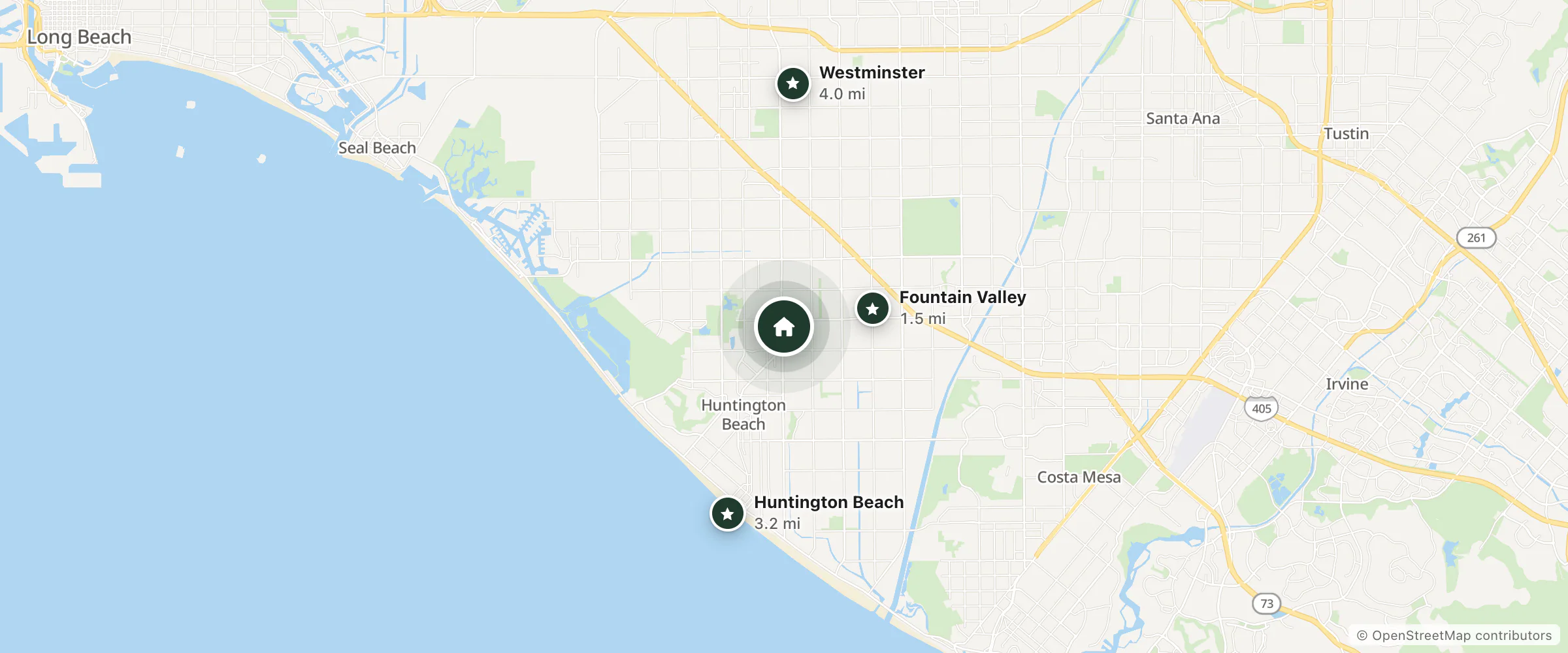 Map of Beach Inn - A Huntington Beach Motel and nearby Fountain Valley, Huntington Beach and Westminster