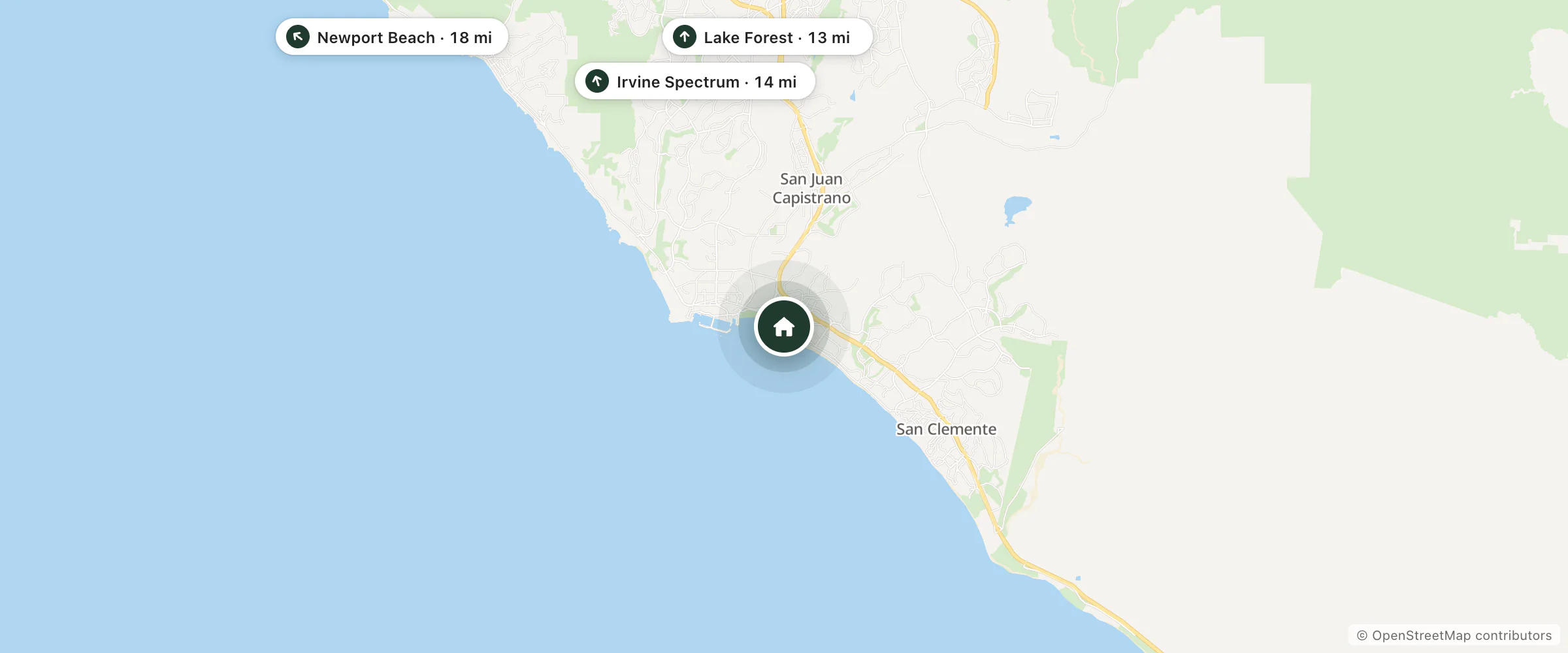 Map of Capistrano Surfside Inn and nearby Lake Forest, Irvine Spectrum and Newport Beach