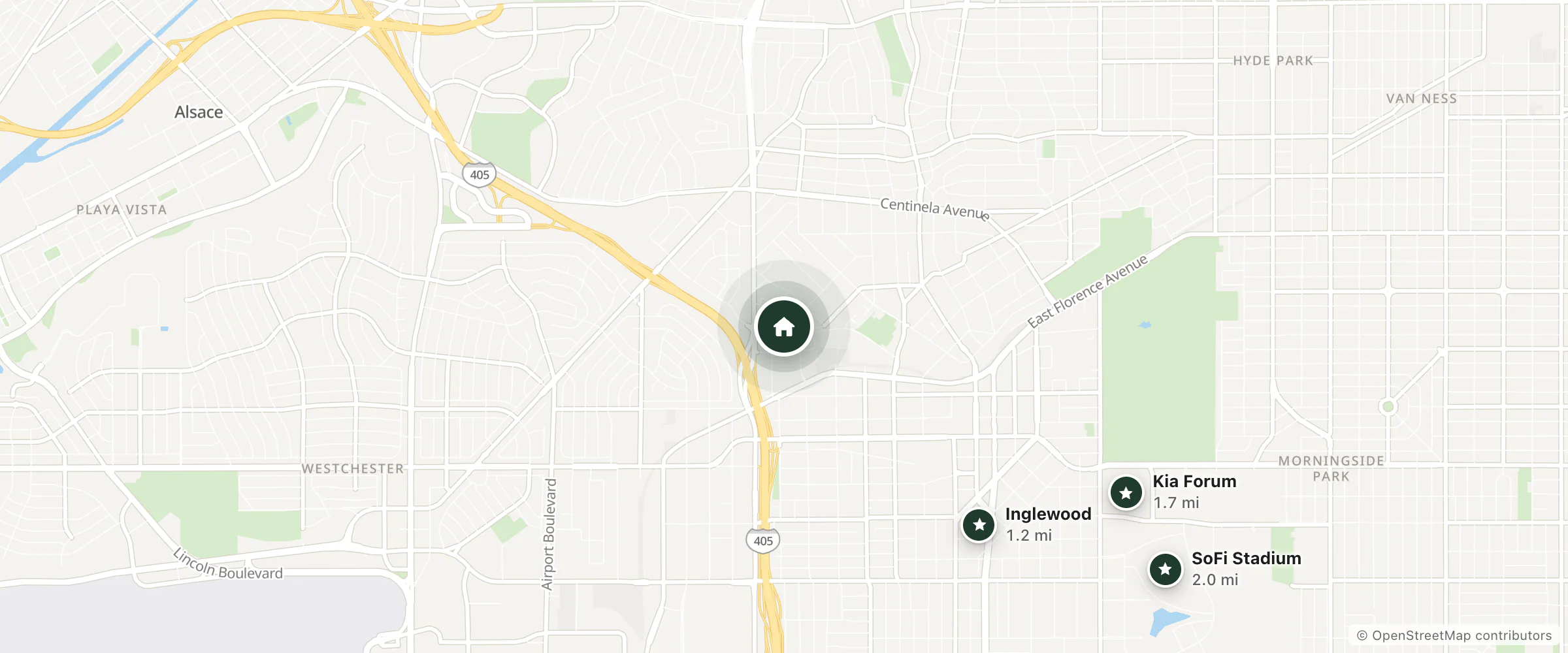 Map of Inglewood Hilton Hotel and nearby Inglewood, Kia Forum and SoFi Stadium