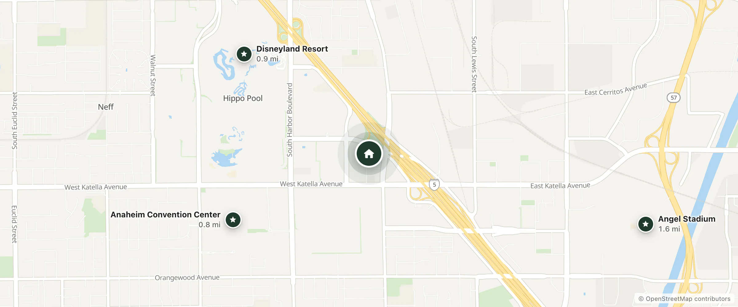 Map of Motel 6 Anaheim, CA - Maingate and nearby Anaheim Convention Center, Disneyland Resort and Angel Stadium