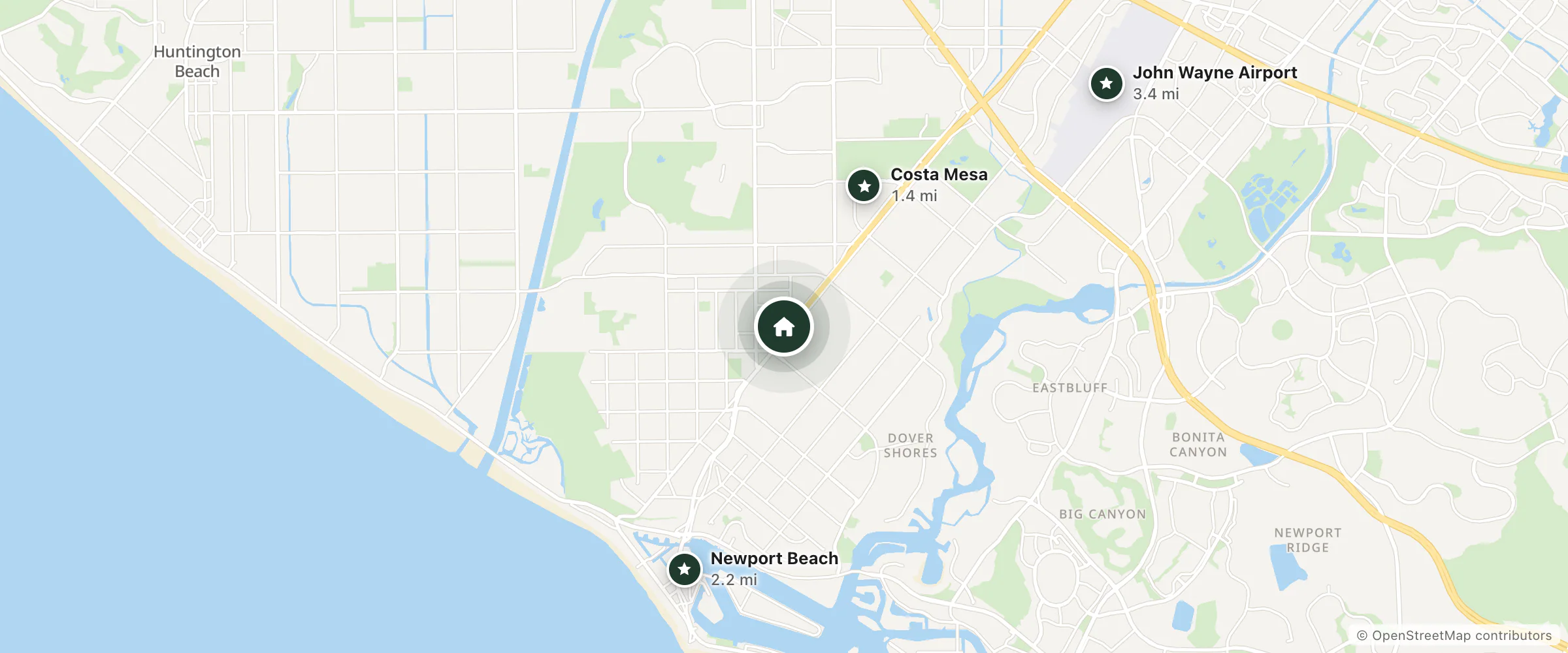 Map of Sandpiper Motel and nearby Costa Mesa, Newport Beach and John Wayne Airport
