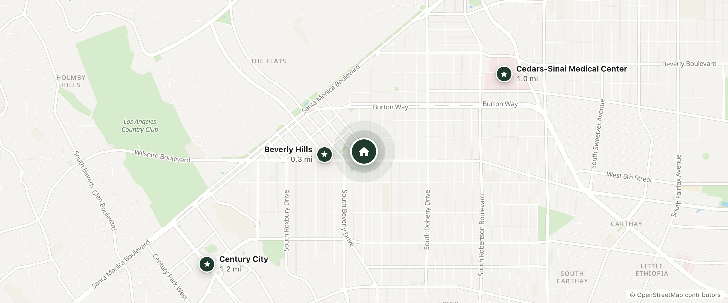 Map of AKA Beverly Hills and nearby Beverly Hills, Cedars-Sinai Medical Center and Century City