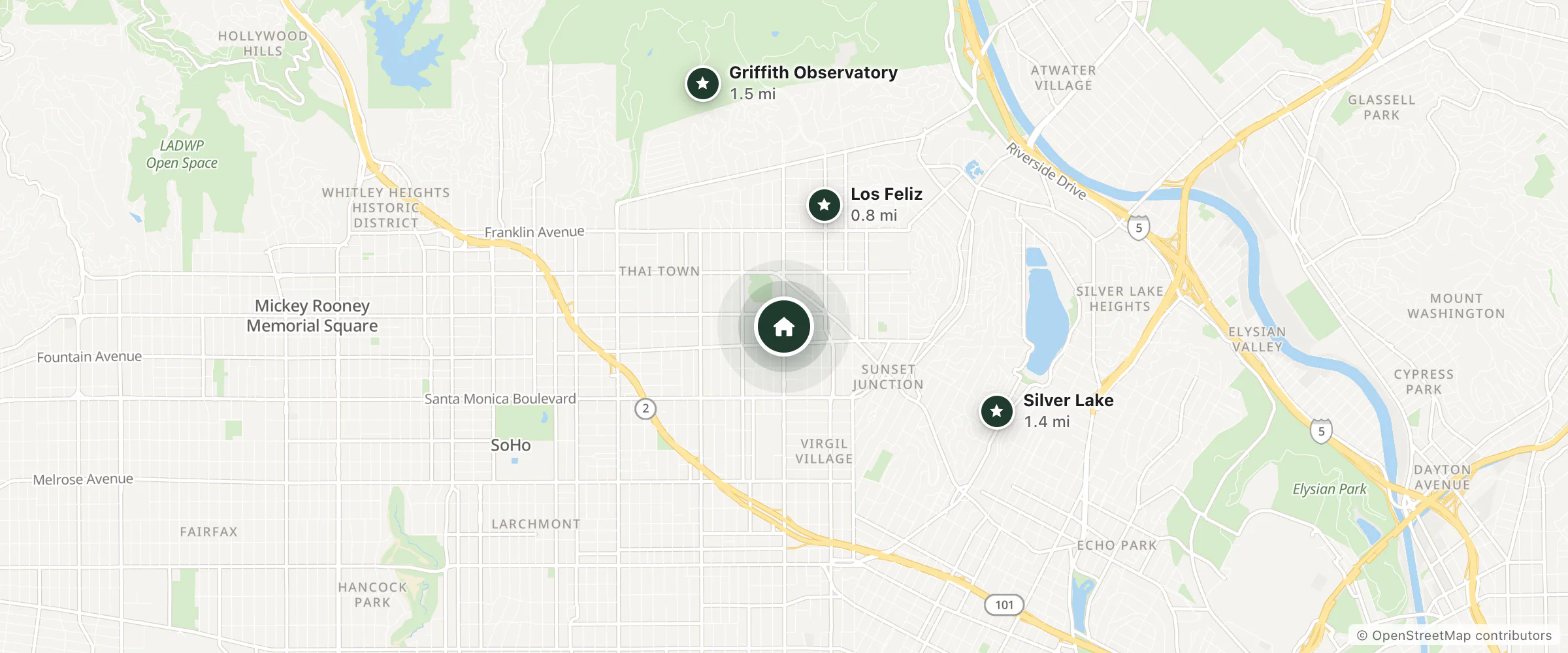 Map of Travelodge and nearby Los Feliz, Silver Lake and Griffith Observatory