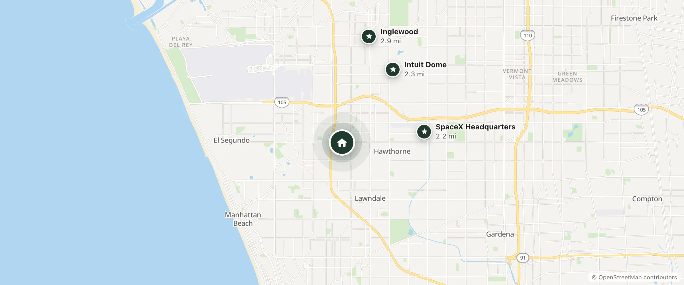 Map of El Segundo Inn and nearby SpaceX Headquarters, Intuit Dome and Inglewood