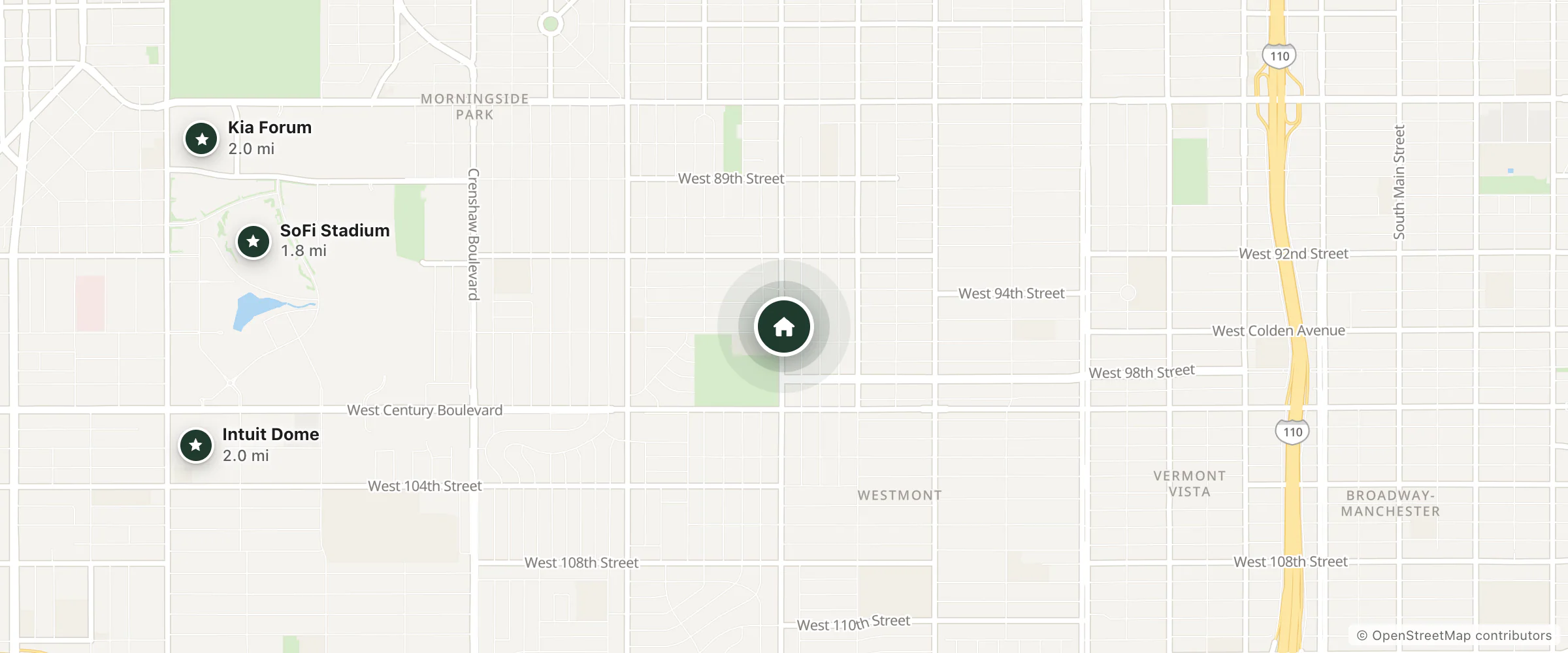Map of Sofi Motel and nearby SoFi Stadium, Intuit Dome and Kia Forum