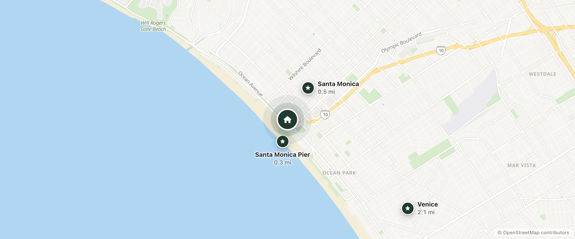 Map of Ocean Luxury Lofts and Suites and nearby Santa Monica Pier, Santa Monica and Venice