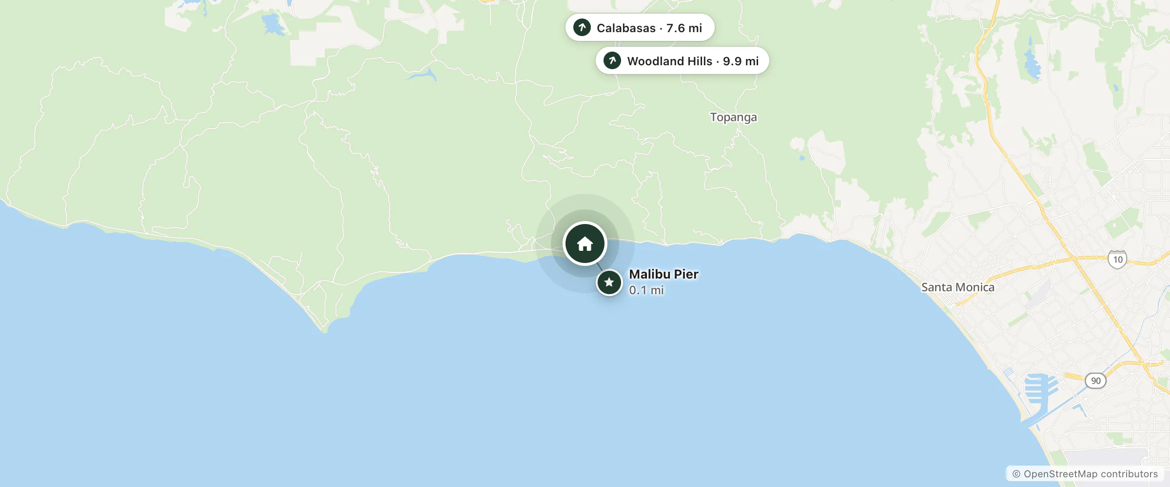 Map of Malibu Inn and nearby Malibu Pier, Calabasas and Woodland Hills
