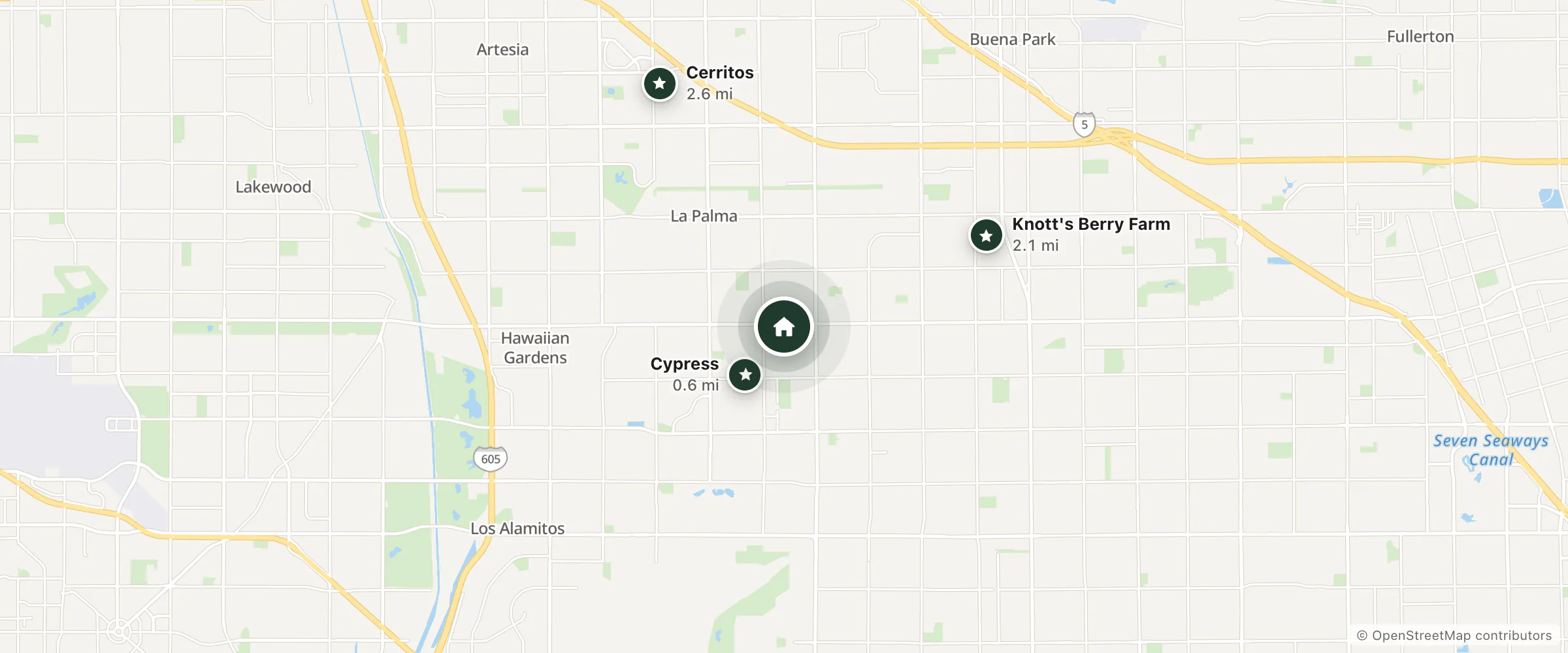 Map of Cloud 9 Motel and nearby Cypress, Knott's Berry Farm and Cerritos