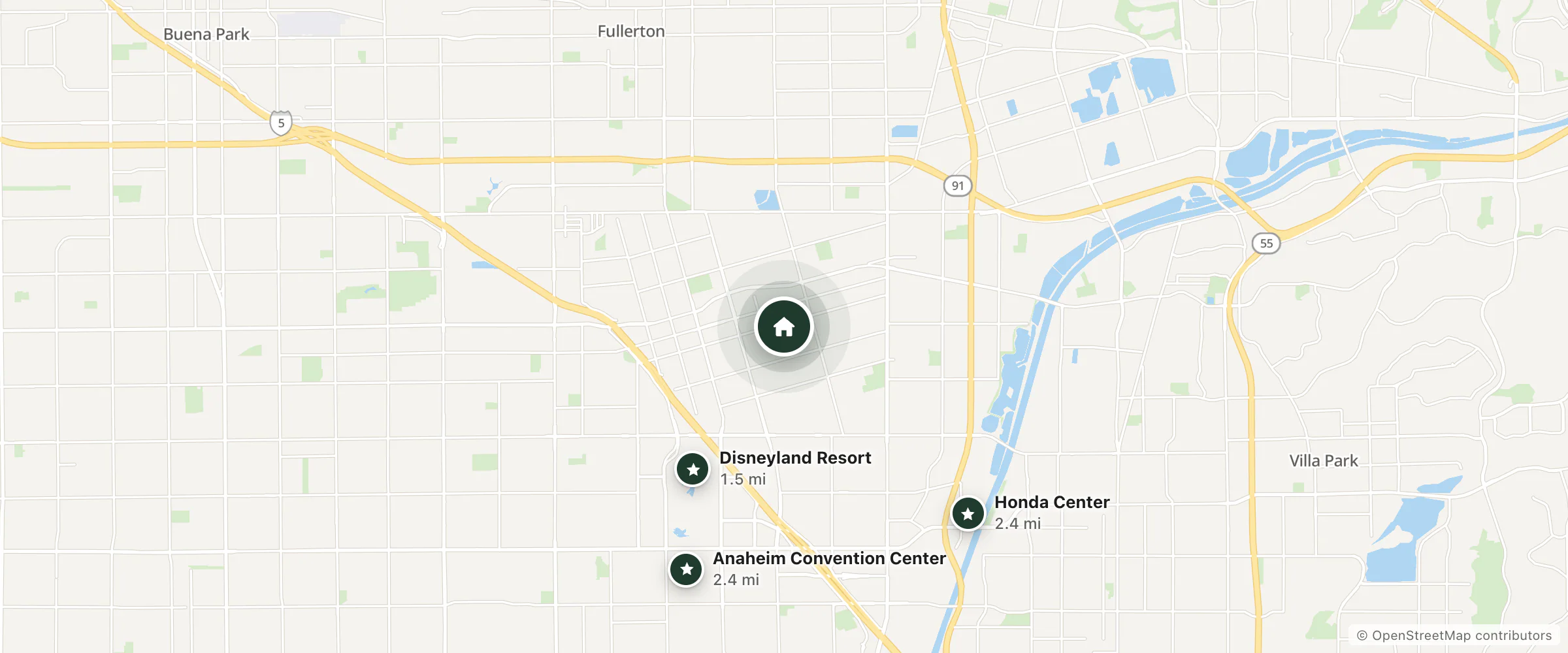 Map of Anaheim Maingate Inn and nearby Disneyland Resort, Anaheim Convention Center and Honda Center