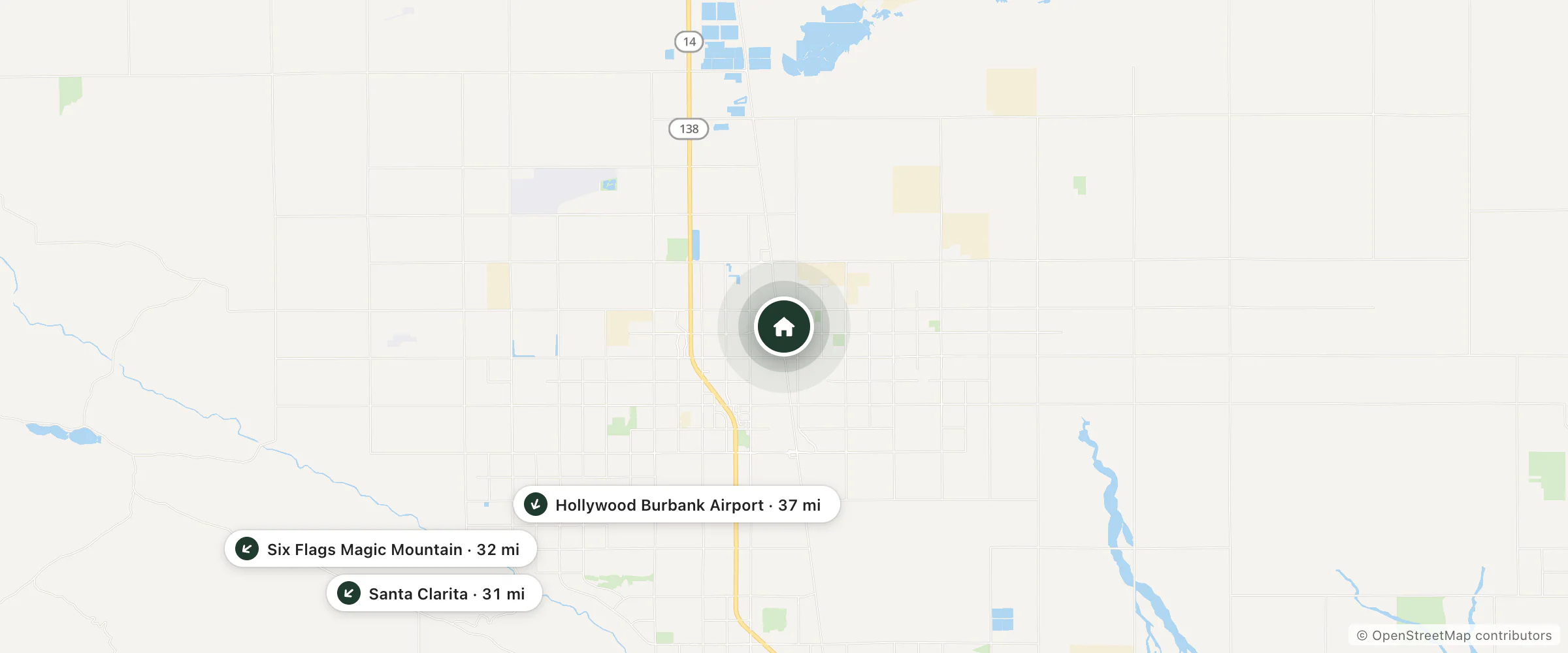 Map of Hotel Mykonos and nearby Santa Clarita, Six Flags Magic Mountain and Hollywood Burbank Airport
