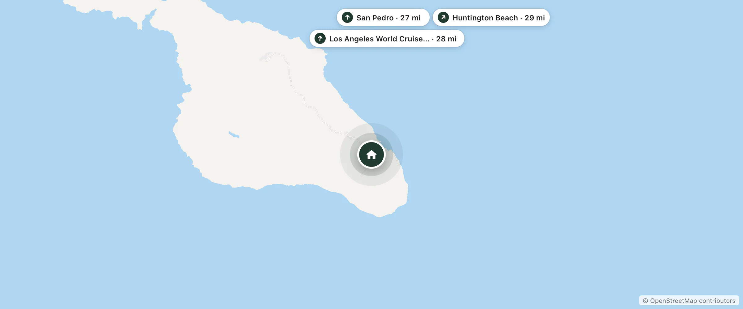 Map of Catalina Canyon Inn and nearby San Pedro, Los Angeles World Cruise Center and Huntington Beach
