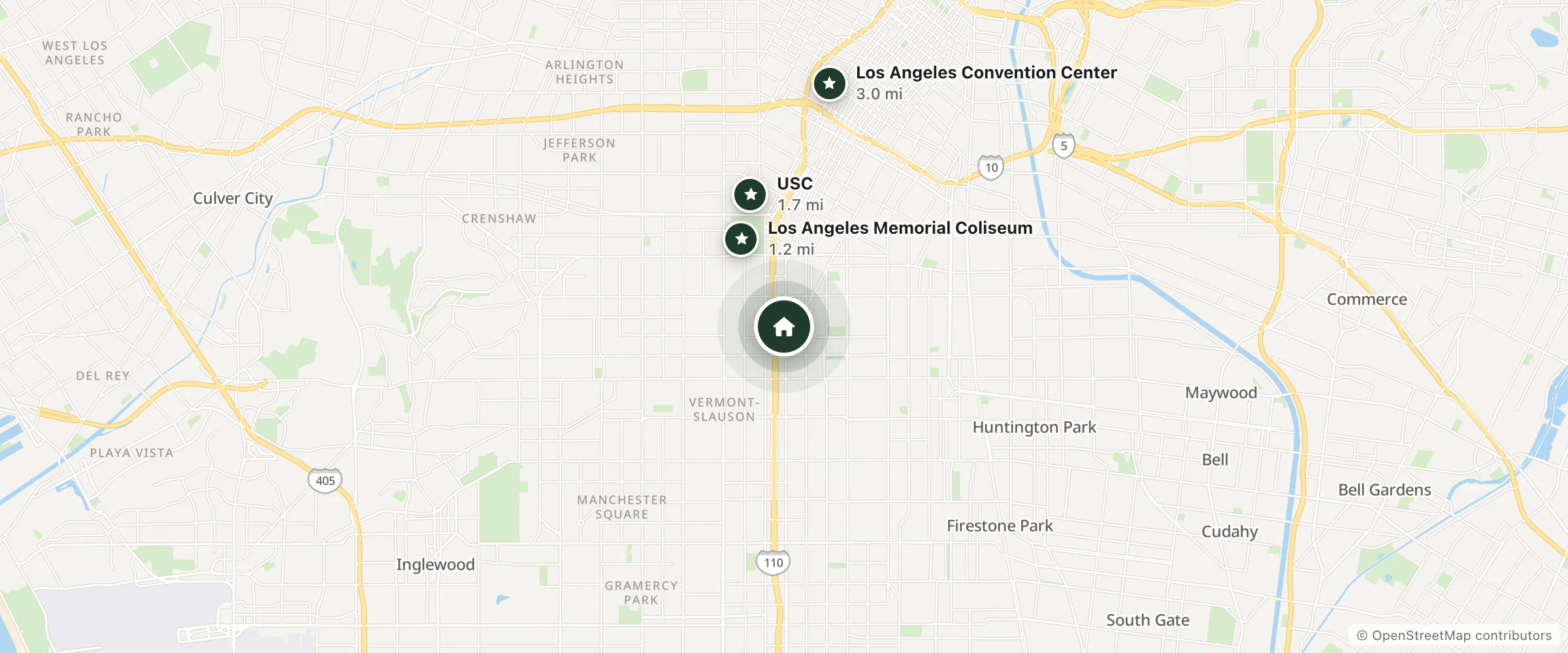 Map of Broadway Motel and nearby Los Angeles Memorial Coliseum, USC and Los Angeles Convention Center