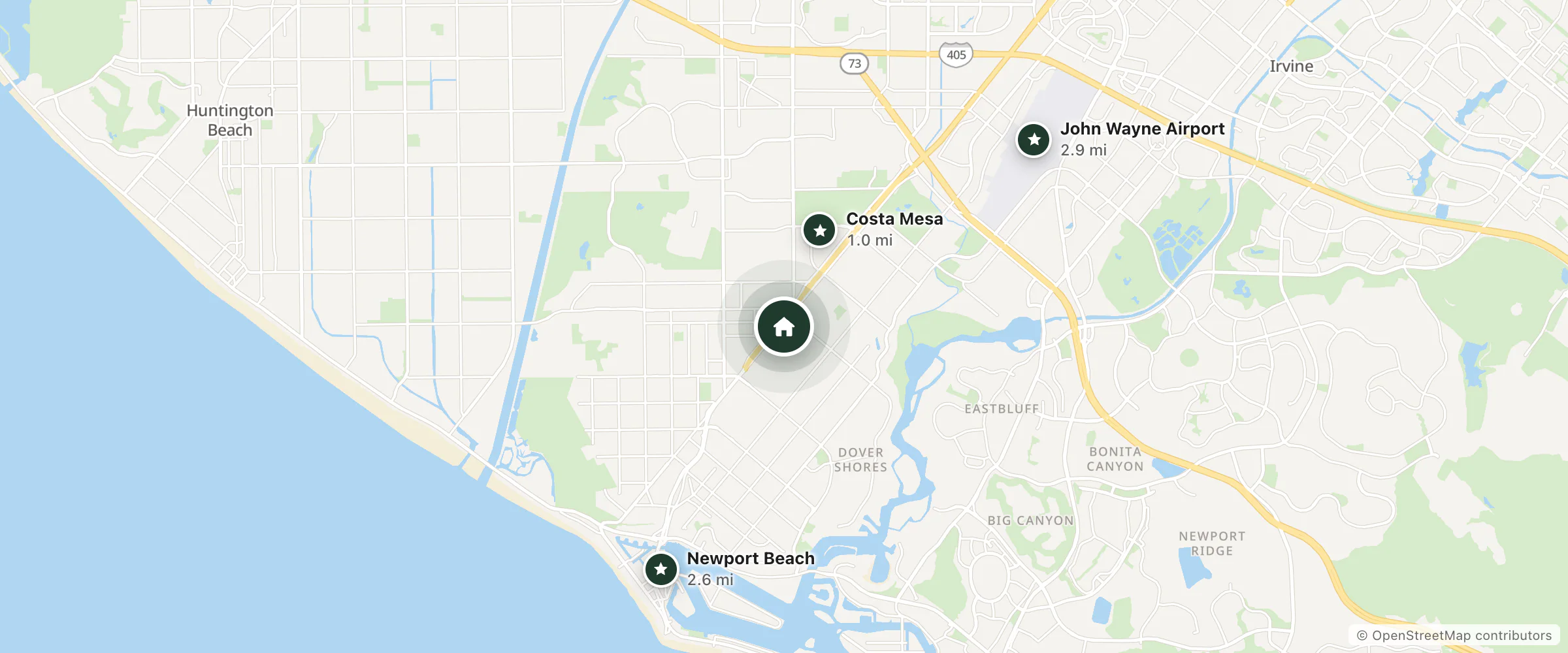 Map of Newport Bay Inn and nearby Costa Mesa, Newport Beach and John Wayne Airport