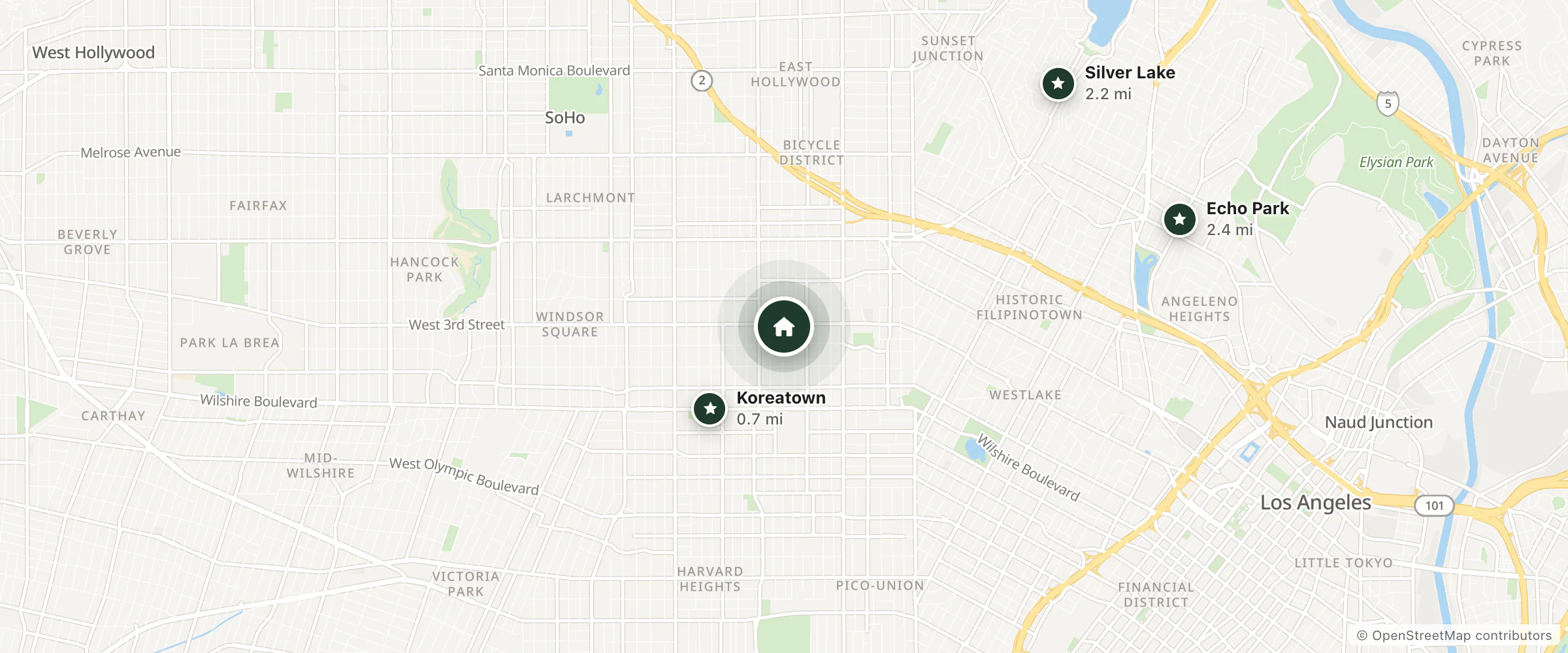 Map of Alexandria Motel and nearby Koreatown, Silver Lake and Echo Park
