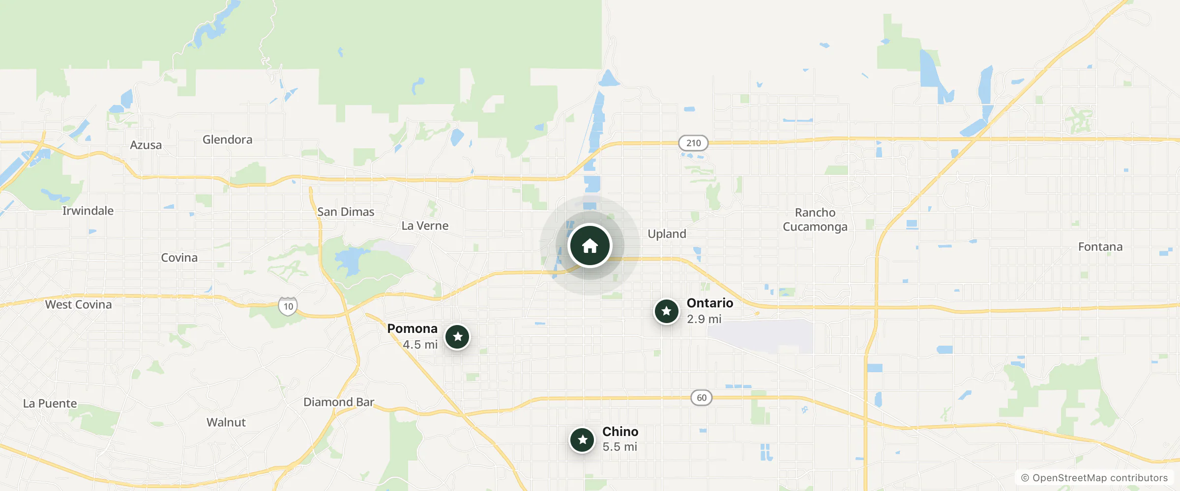 Map of California Hotels and nearby Ontario, Pomona and Chino