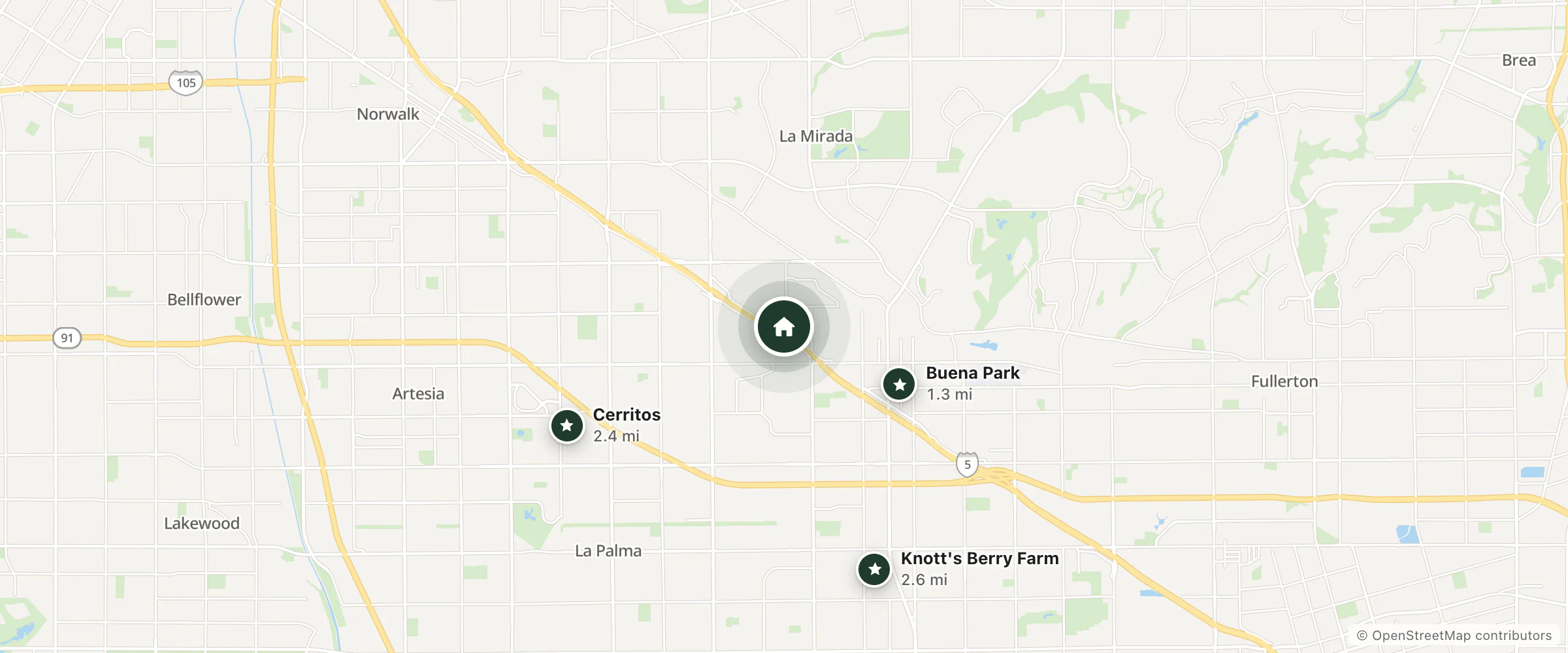 Map of Extended Stay America and nearby Buena Park, Cerritos and Knott's Berry Farm