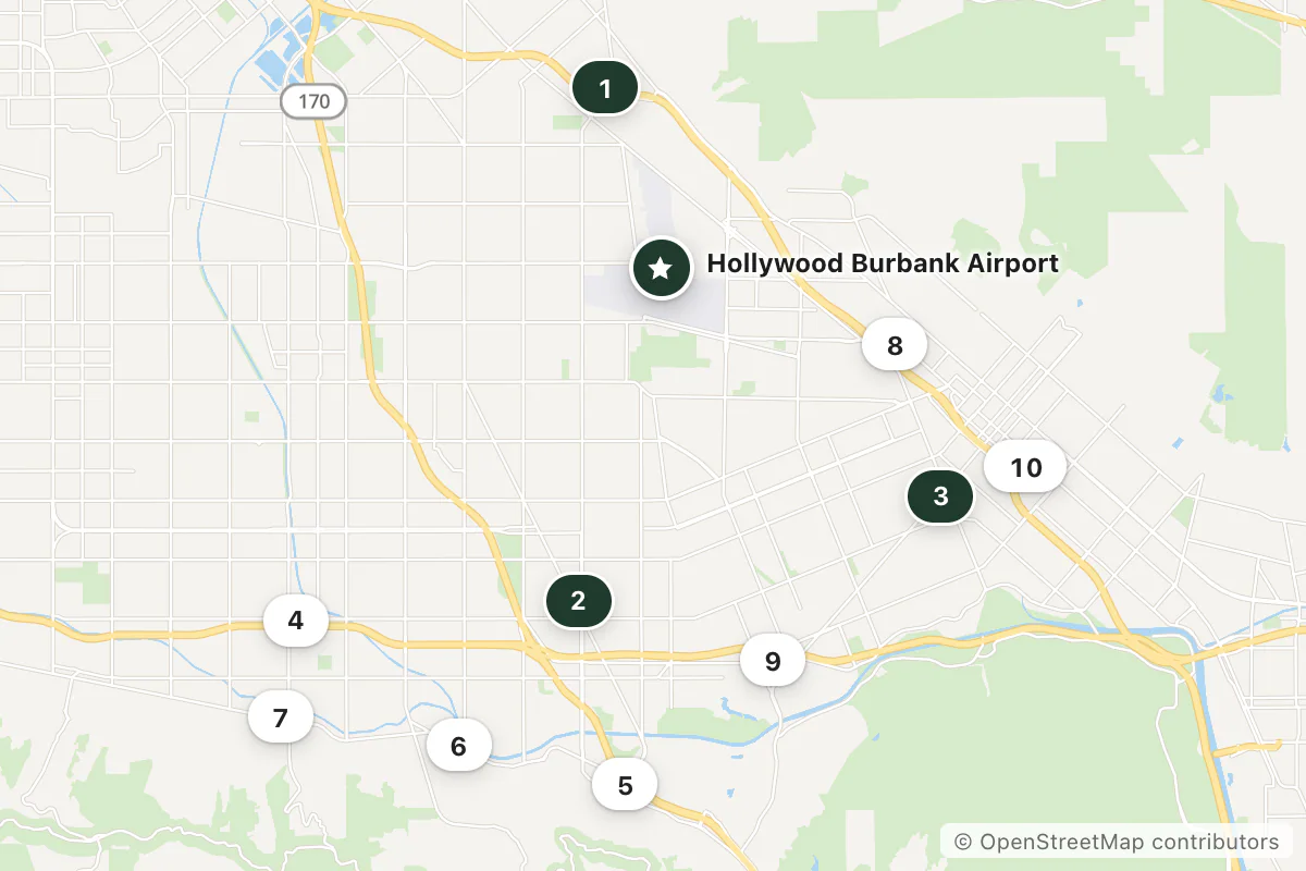 Map of the top 10 hotels for this question around Hollywood Burbank Airport