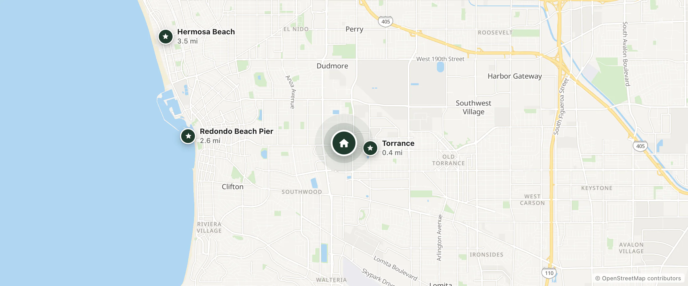 Map of Extended Stay America and nearby Torrance, Redondo Beach Pier and Hermosa Beach