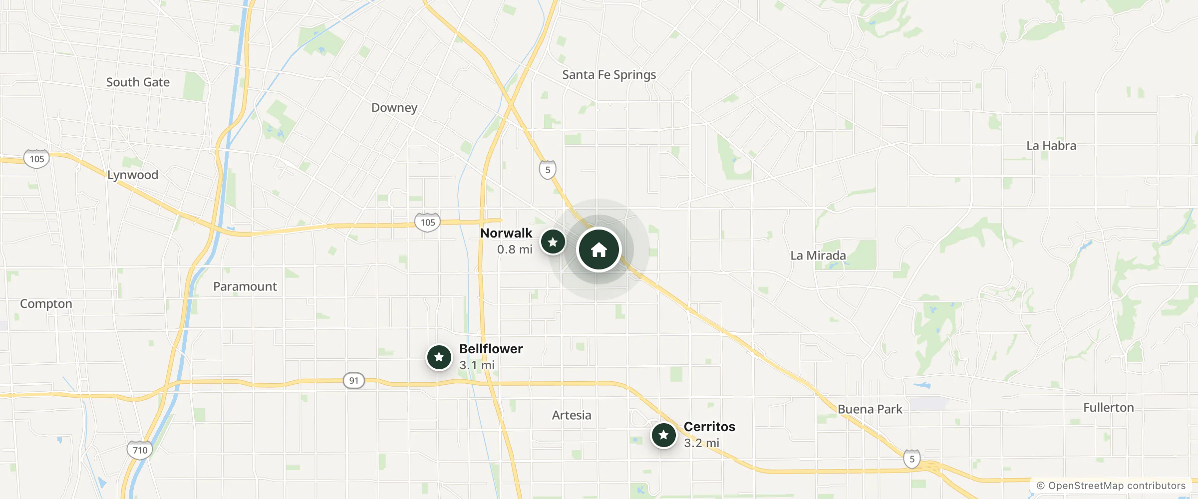 Map of Luxury Inn and nearby Norwalk, Bellflower and Cerritos