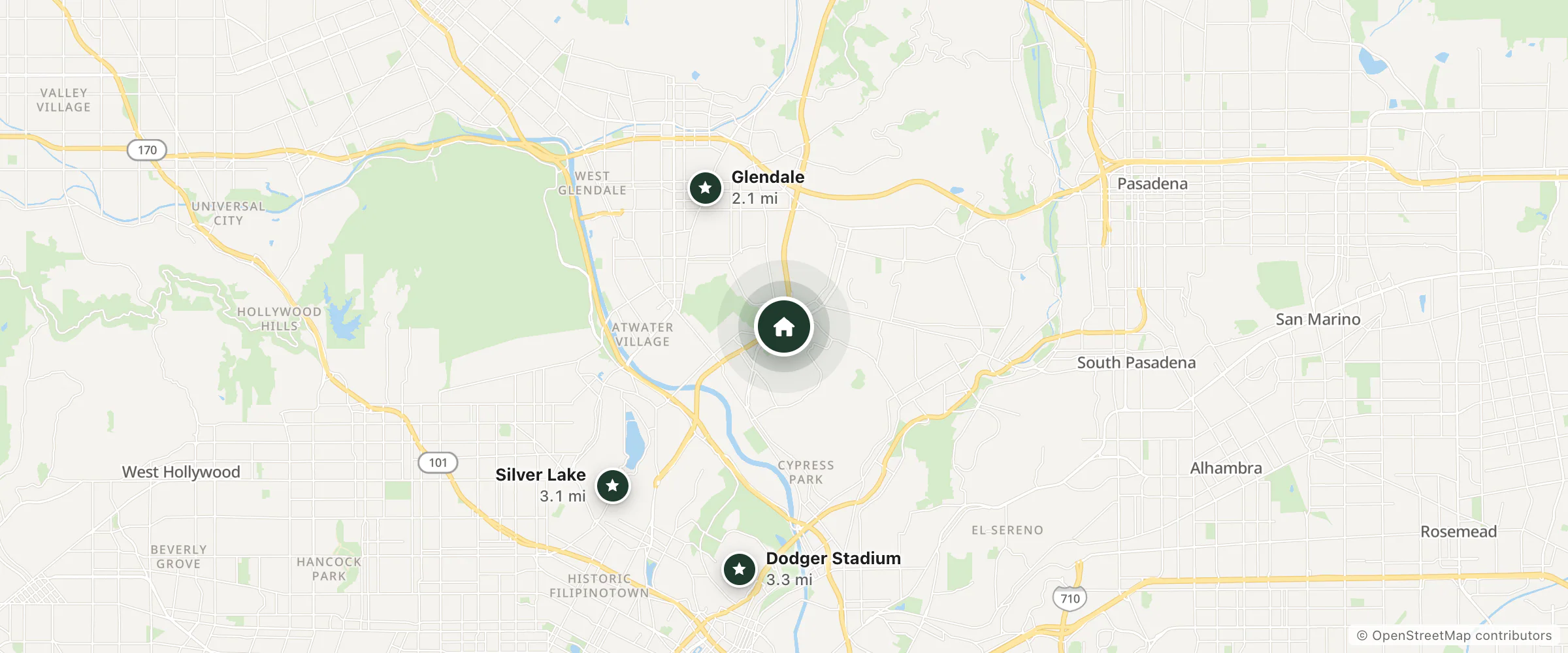 Map of Triangle Motel and nearby Glendale, Silver Lake and Dodger Stadium