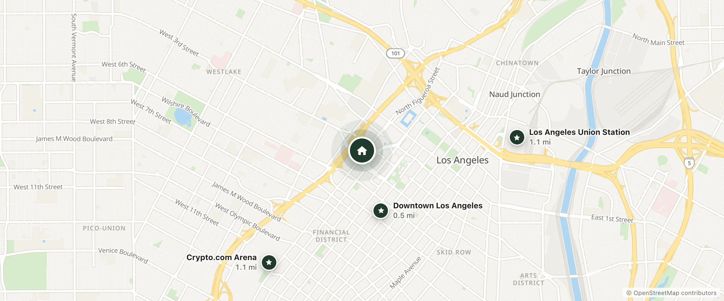 Map of The L.A. Grand Hotel Downtown and nearby Downtown Los Angeles, Crypto.com Arena and Los Angeles Union Station