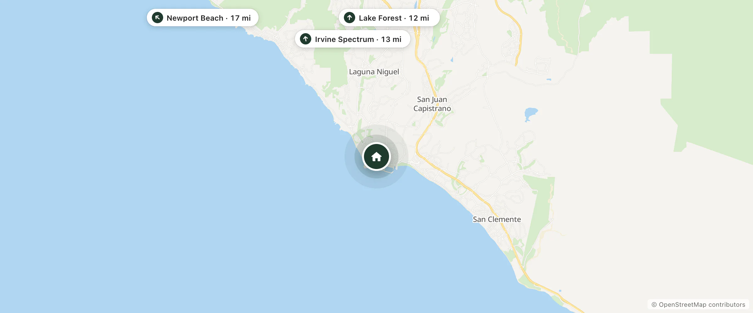 Map of Blue Lantern Beach House and nearby Lake Forest, Irvine Spectrum and Newport Beach