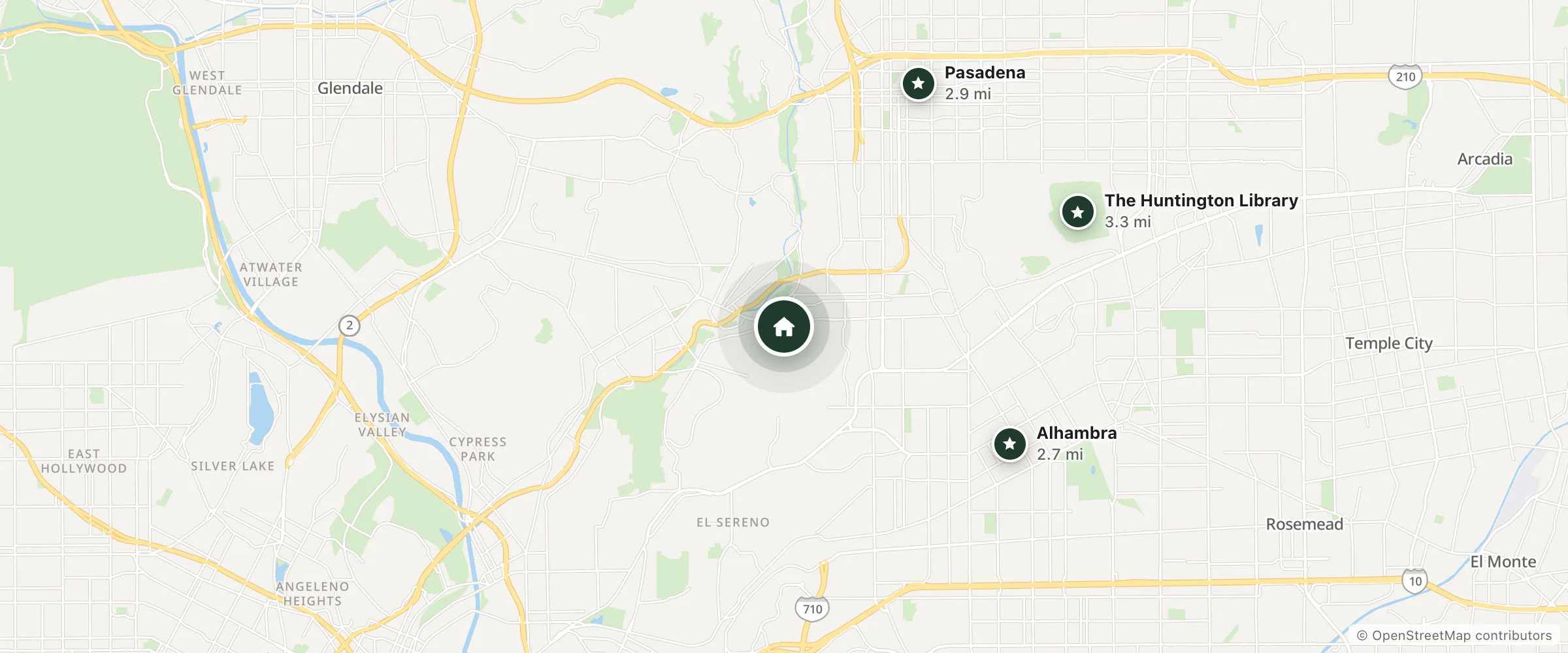 Map of Arroyo Vista Inn and nearby Alhambra, Pasadena and The Huntington Library