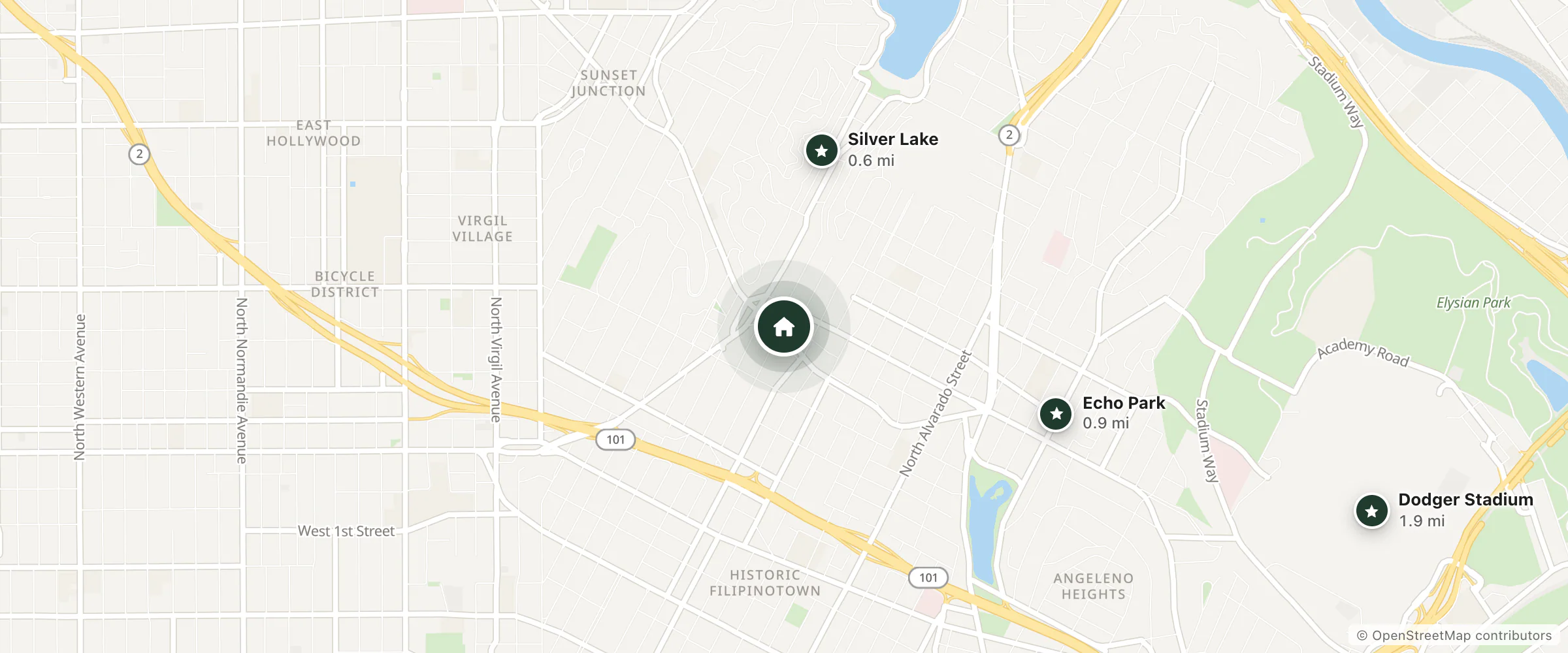 Map of Olive Motel and nearby Silver Lake, Echo Park and Dodger Stadium