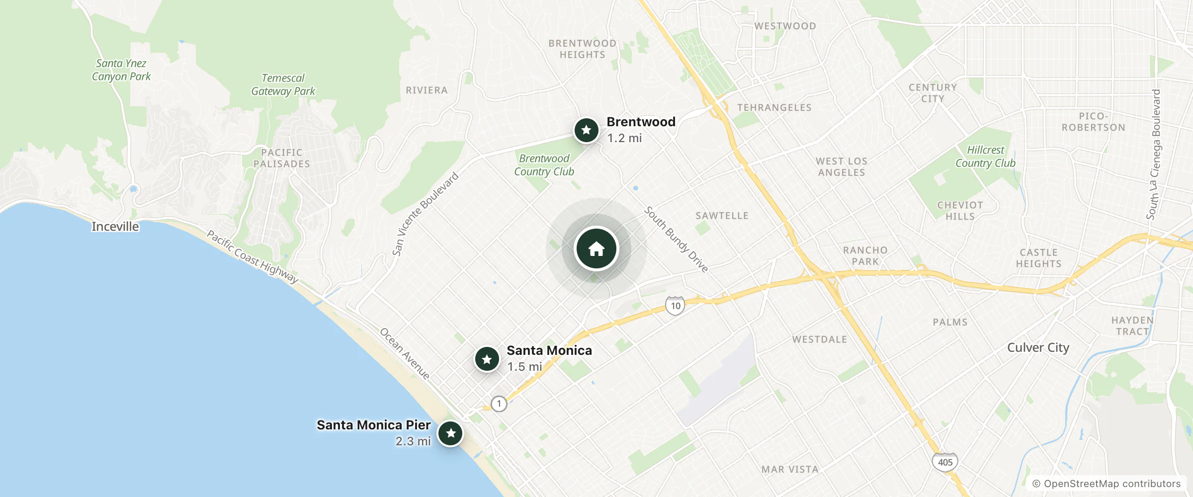 Map of Comfort Inn Santa Monica and nearby Brentwood, Santa Monica and Santa Monica Pier