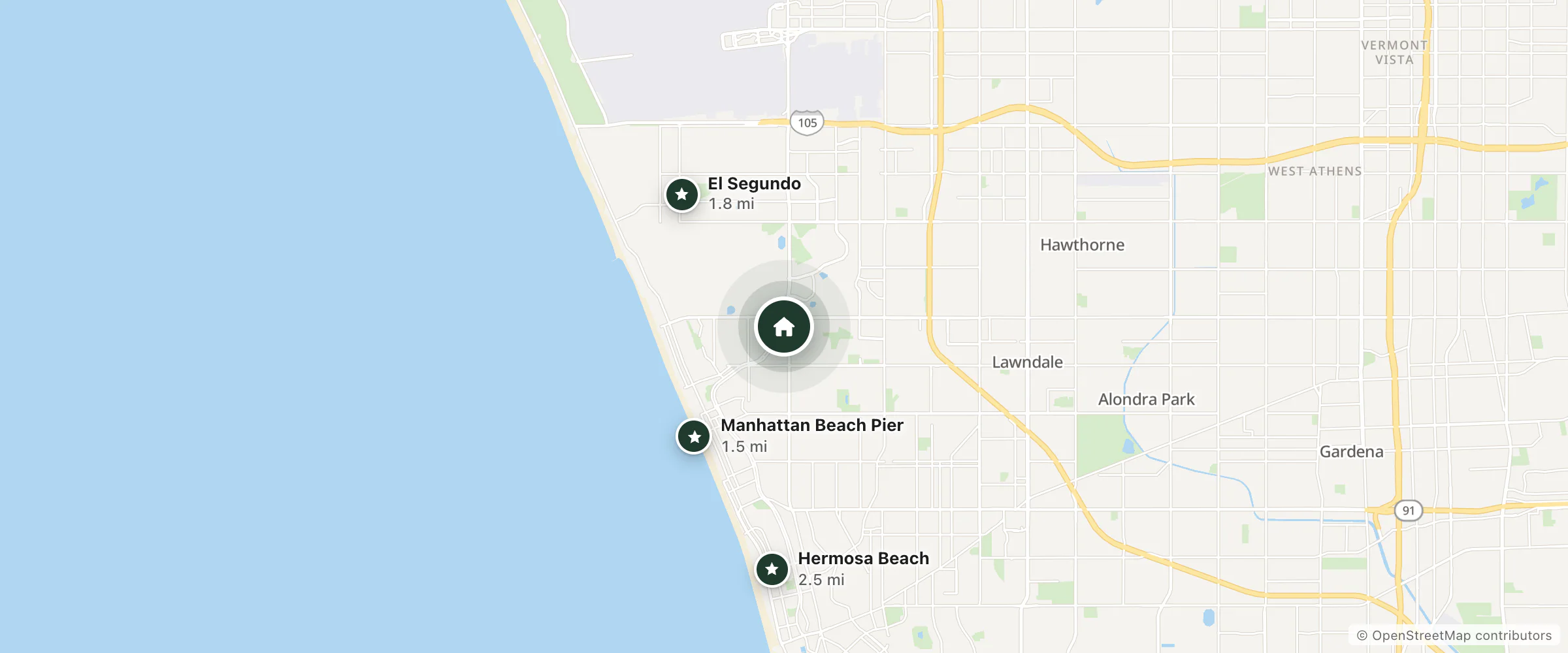 Map of The Belamar Hotel and nearby Manhattan Beach Pier, El Segundo and Hermosa Beach