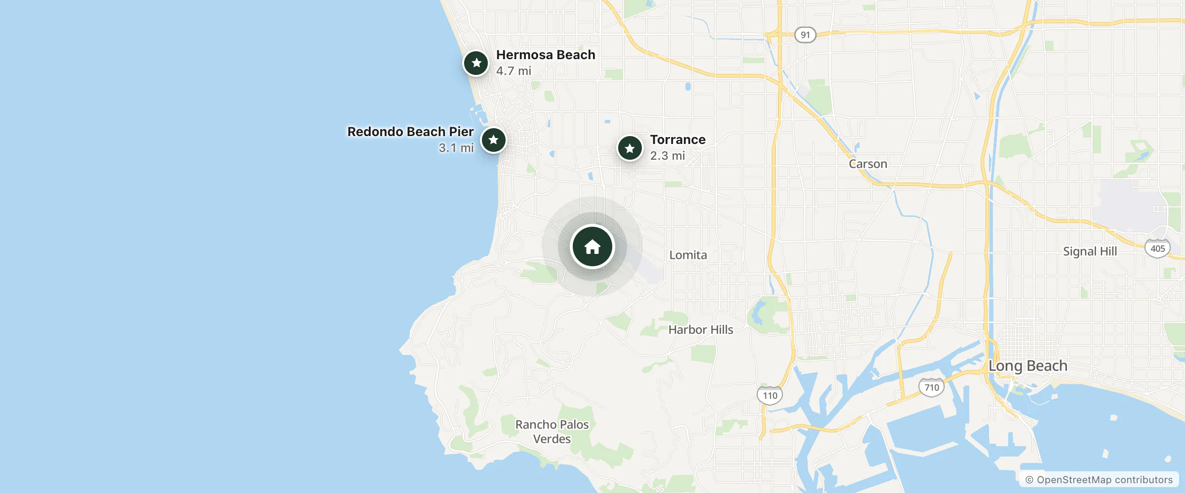 Map of Driftwood Motel and nearby Torrance, Redondo Beach Pier and Hermosa Beach