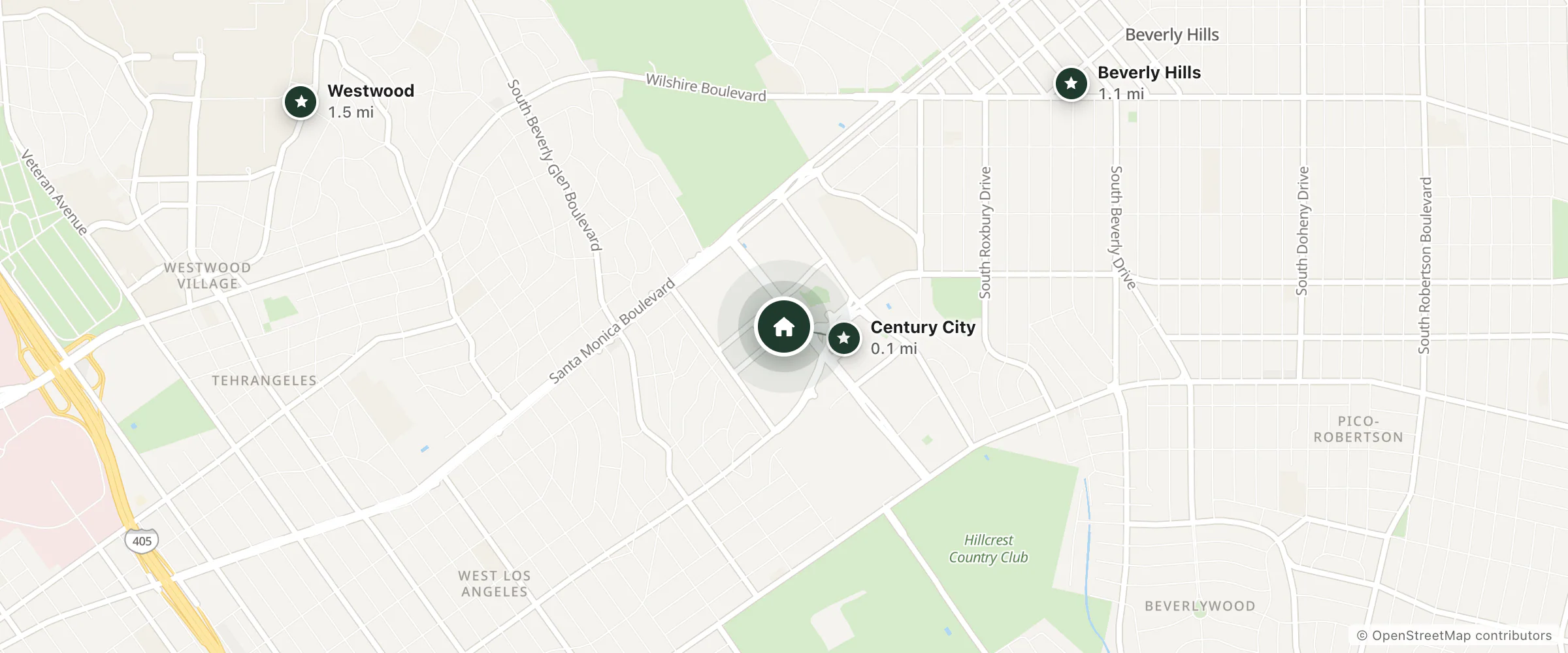 Map of Fairmont Century Plaza and nearby Century City, Beverly Hills and Westwood