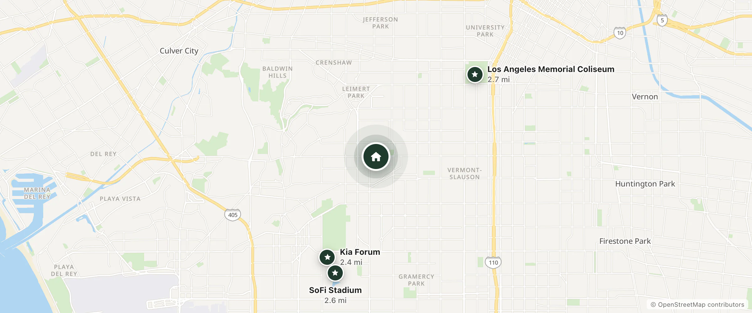 Map of King Motel and nearby Kia Forum, SoFi Stadium and Los Angeles Memorial Coliseum