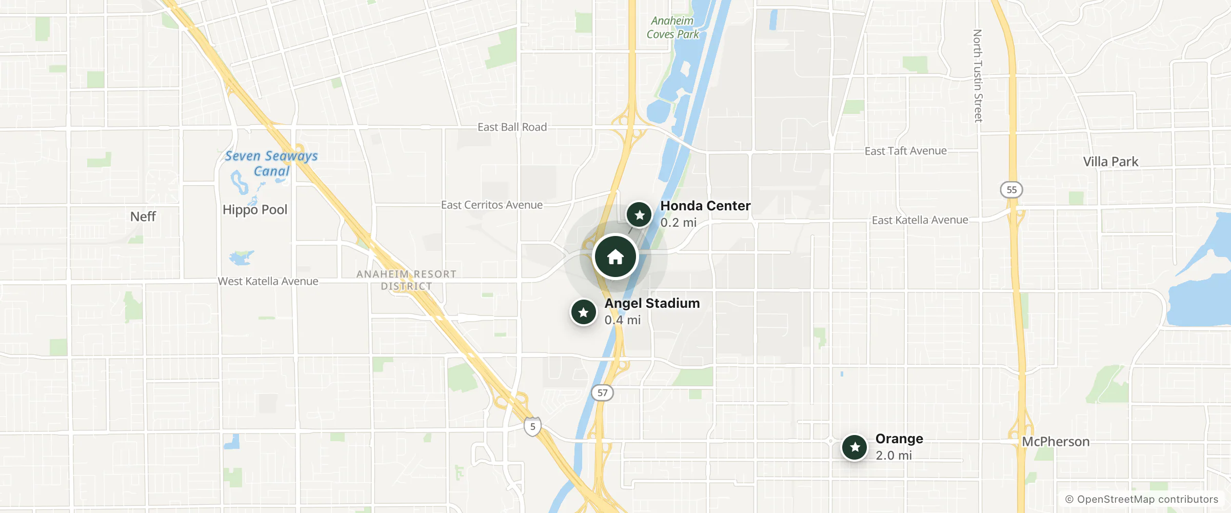Map of Ayres Hotel Anaheim and nearby Honda Center, Angel Stadium and Orange