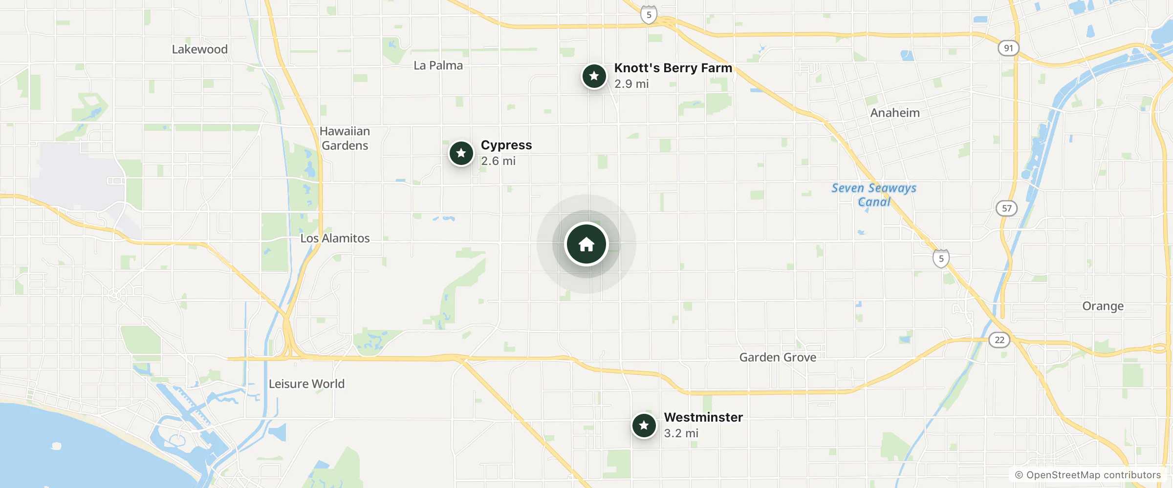 Map of Motel 6 and nearby Cypress, Knott's Berry Farm and Westminster