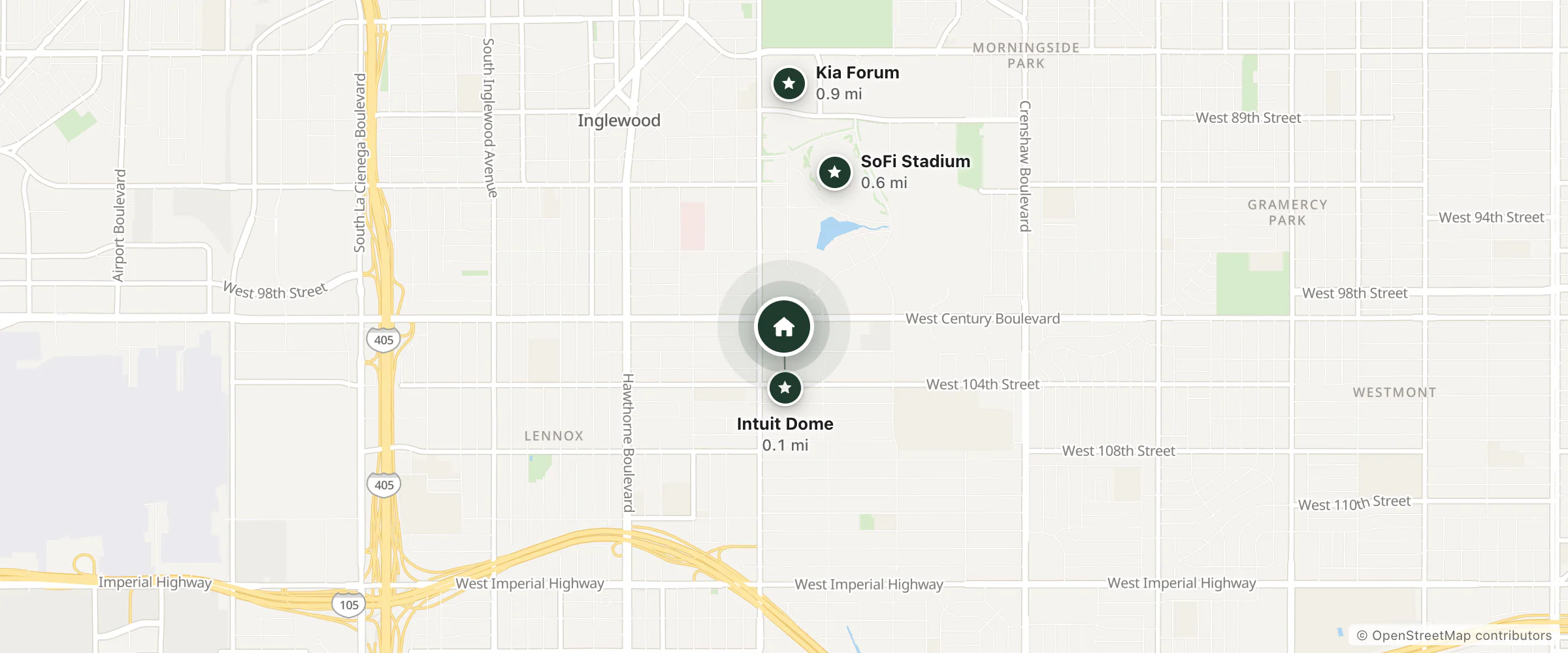 Map of The Lum Hotel Los Angeles Stadium District and nearby Intuit Dome, SoFi Stadium and Kia Forum