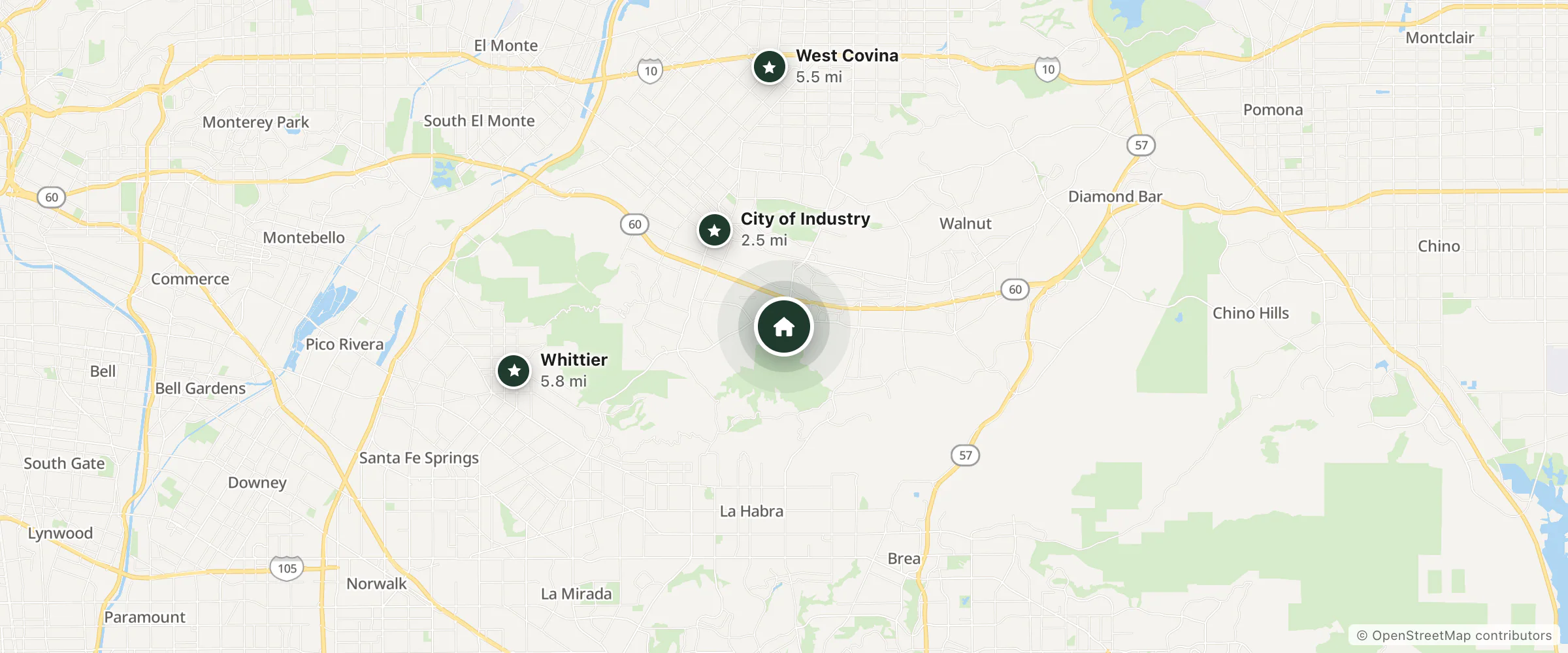 Map of Courtyard by Marriott Los Angeles Hacienda Heights/Orange County and nearby City of Industry, West Covina and Whittier