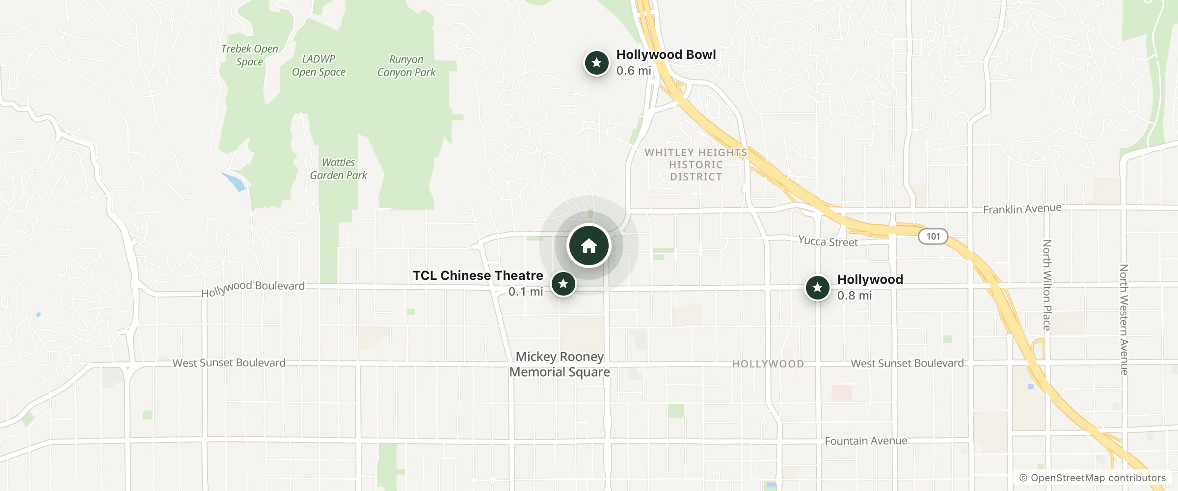 Map of Hollywood VIP Hotel and nearby TCL Chinese Theatre, Hollywood Bowl and Hollywood