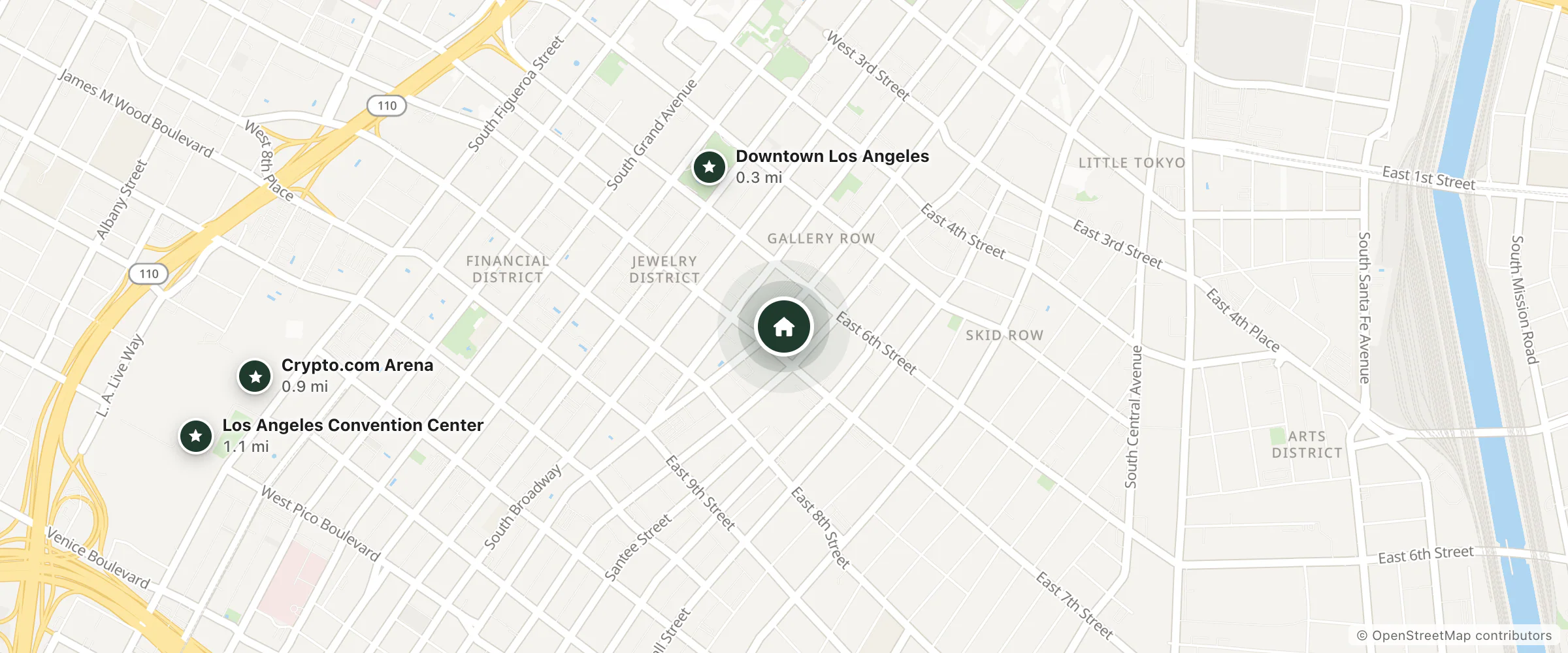 Map of Stay on Main and nearby Downtown Los Angeles, Crypto.com Arena and Los Angeles Convention Center