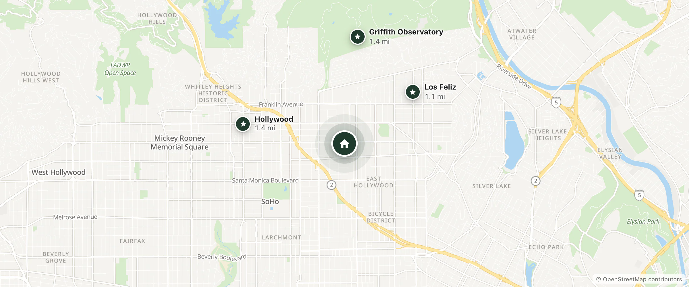 Map of Value Inn Hollywood and nearby Los Feliz, Hollywood and Griffith Observatory