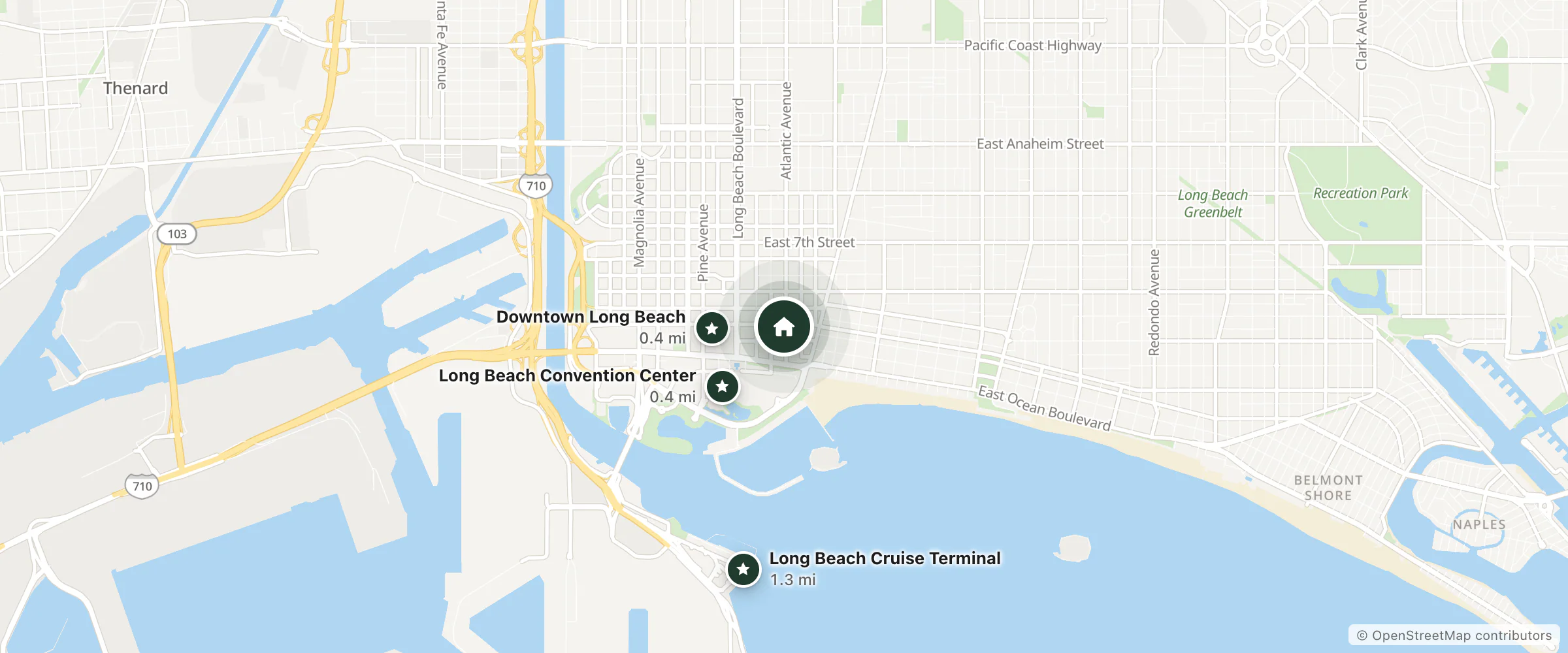 Map of Inn of Long Beach and nearby Downtown Long Beach, Long Beach Convention Center and Long Beach Cruise Terminal