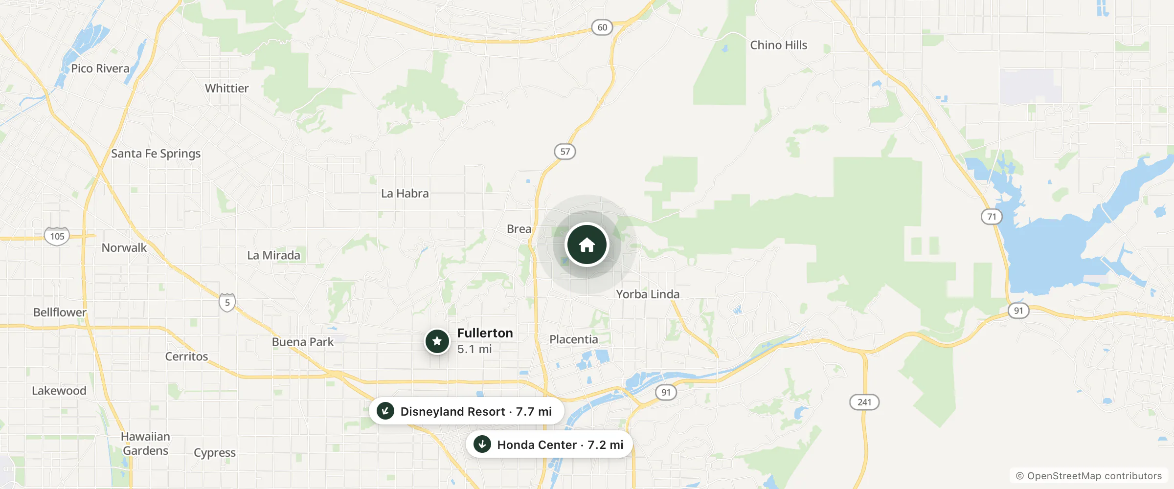 Map of Chase Suite Hotel Brea and nearby Fullerton, Honda Center and Disneyland Resort