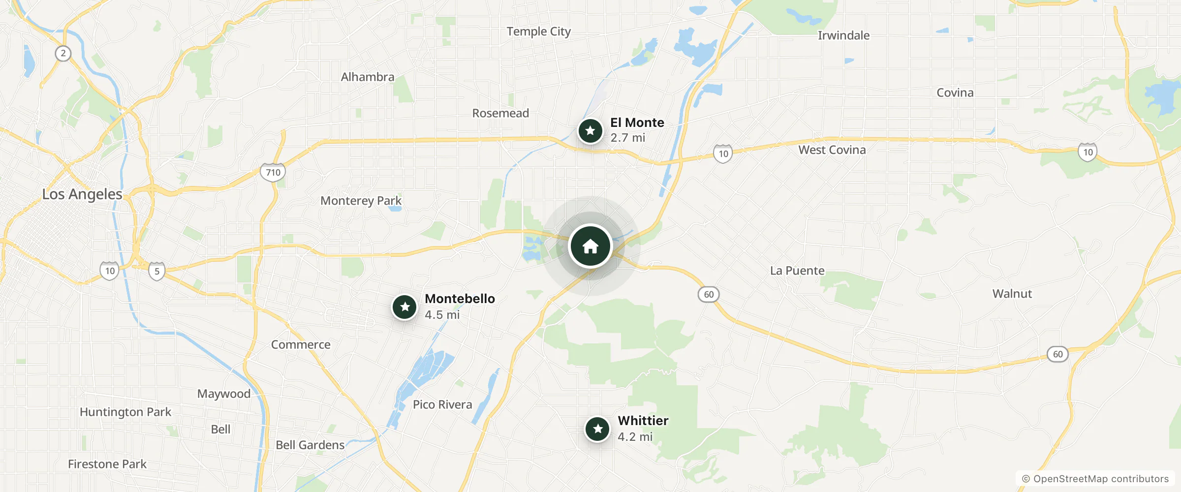 Map of Motel 6 and nearby El Monte, Whittier and Montebello