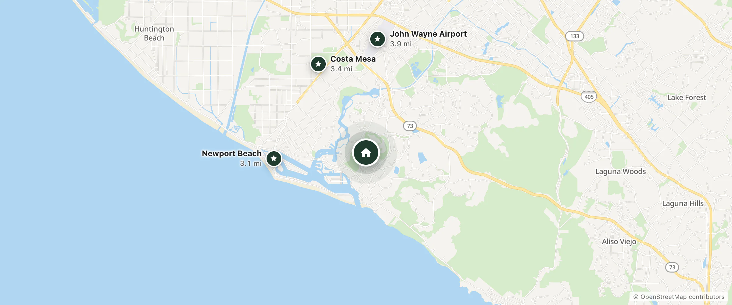Map of Fashion Island Hotel Newport Beach and nearby Newport Beach, Costa Mesa and John Wayne Airport