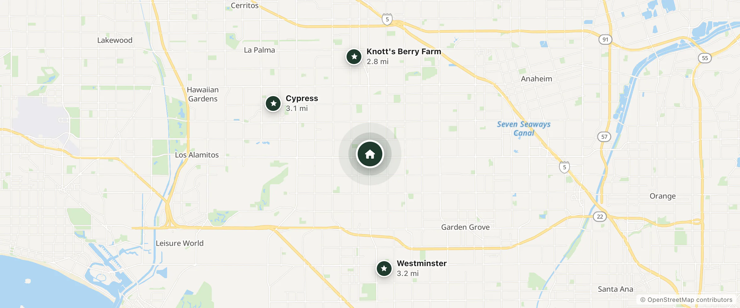 Map of Chester Inn Motel and nearby Knott's Berry Farm, Cypress and Westminster