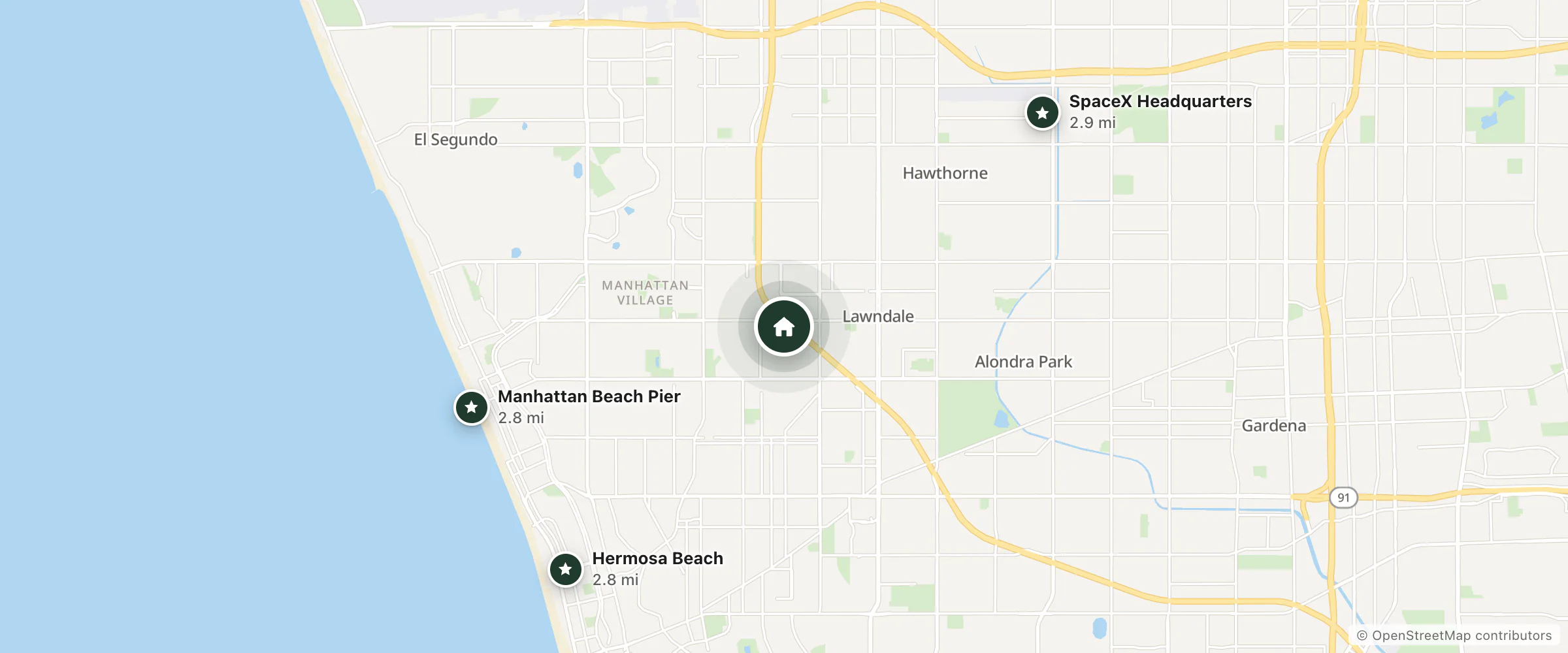 Map of Hgi Redondo Beach and nearby Manhattan Beach Pier, Hermosa Beach and SpaceX Headquarters